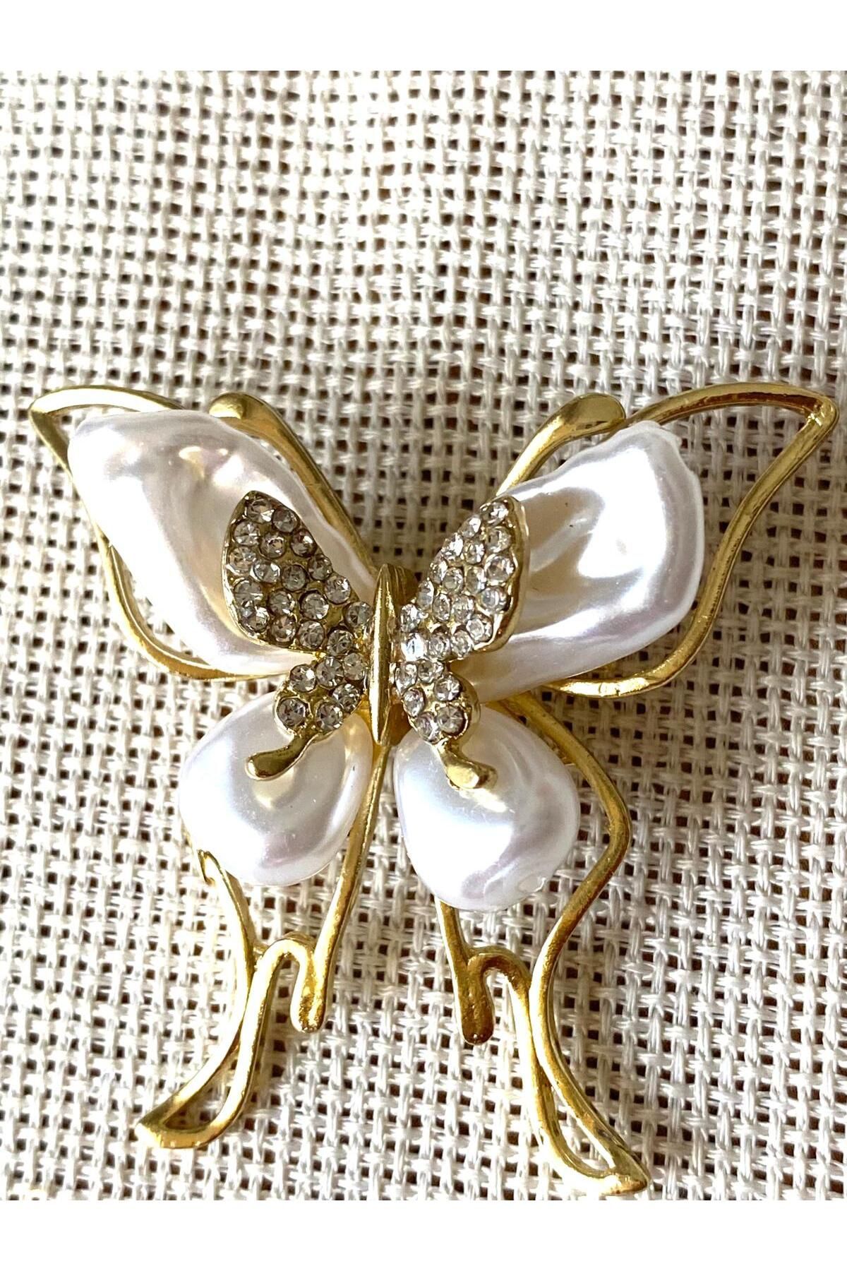 312 KONSEPT Sedefli Kelebek Broş Yaka İğnesi Broş (4X3 Cm)