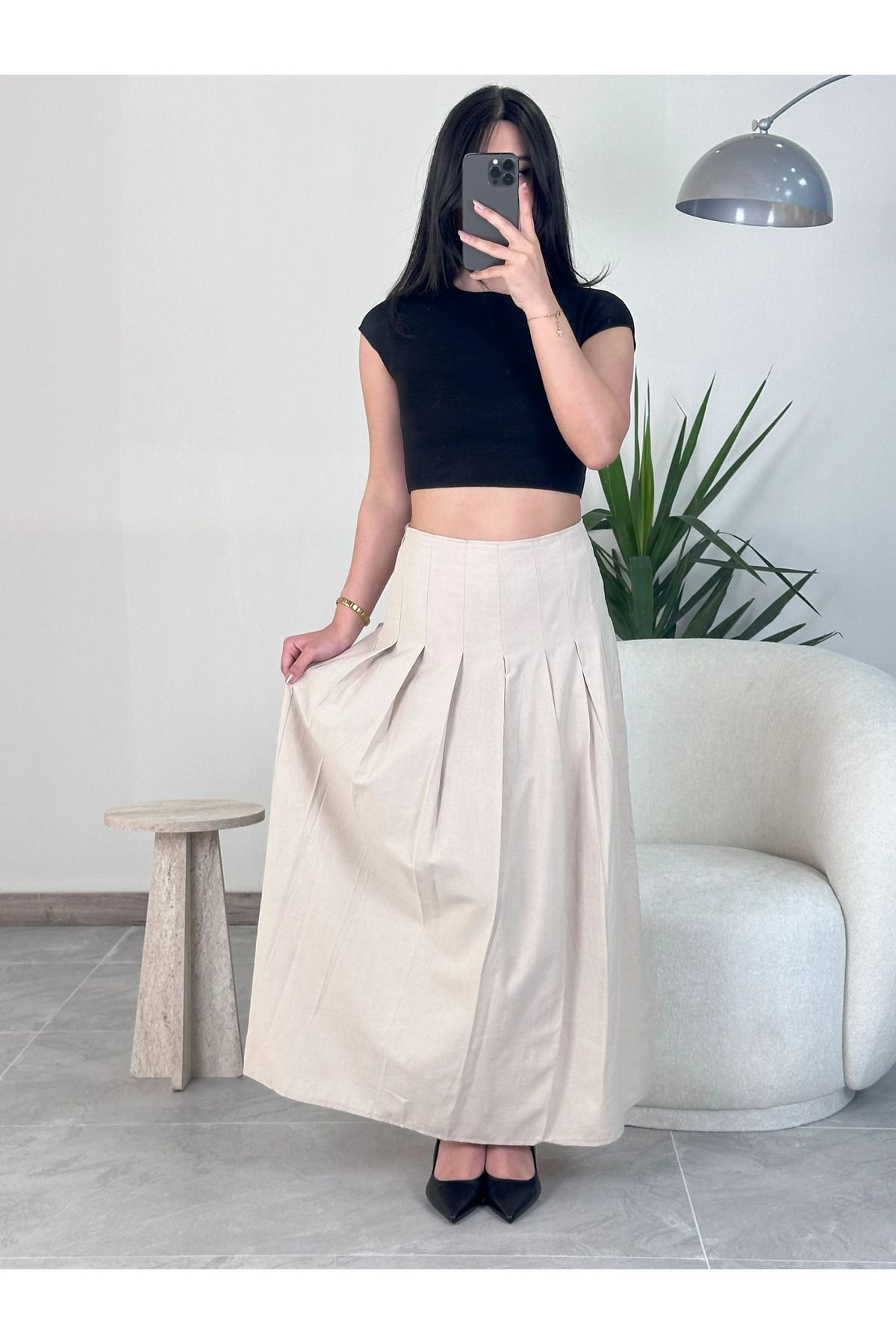 Kyra Studios Bej Keten Fileli Etek 8020