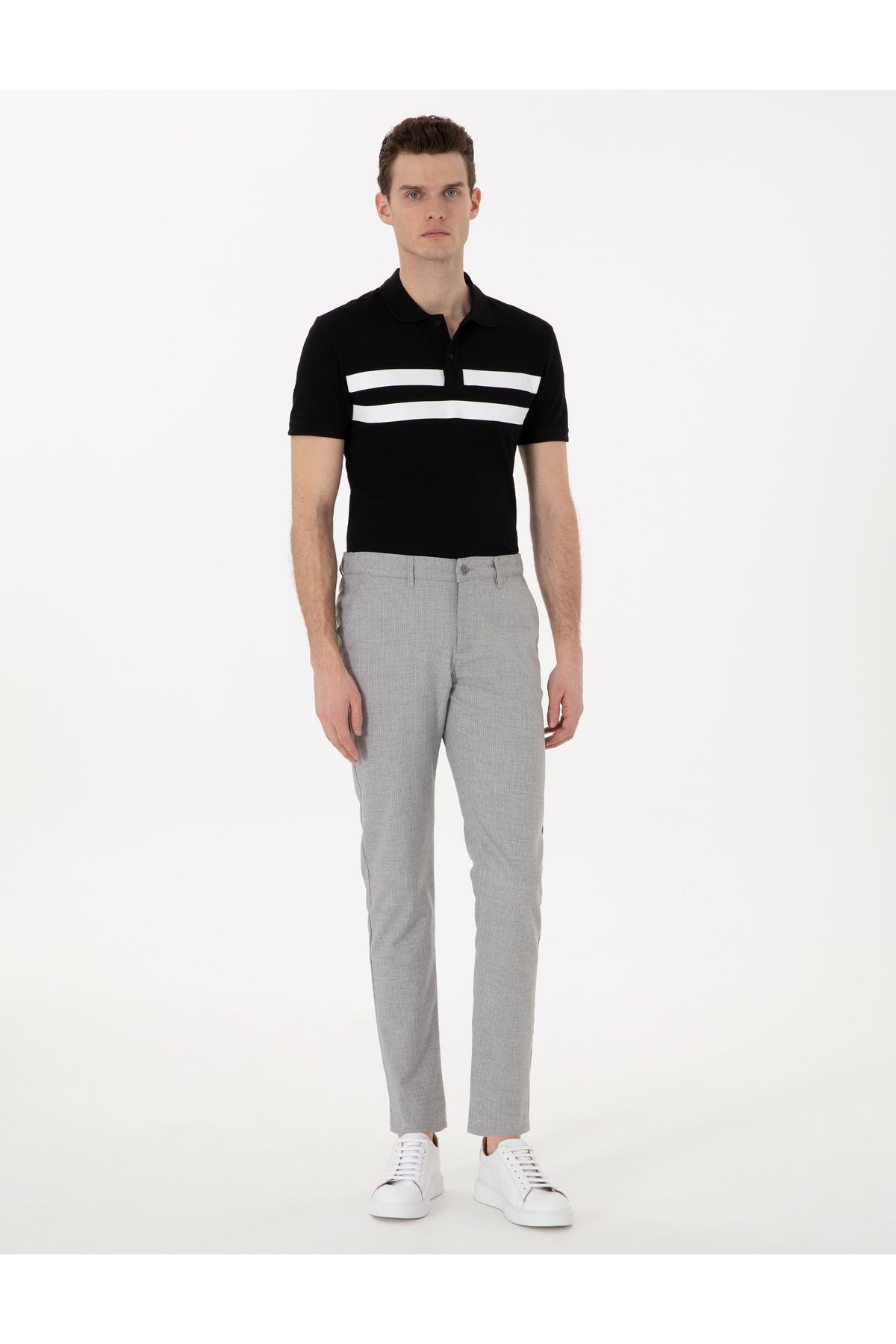 Pierre Cardin Gri Slim Fit Beli Lastikli Çizgili Kanvas Pantolon 50308098-VR024