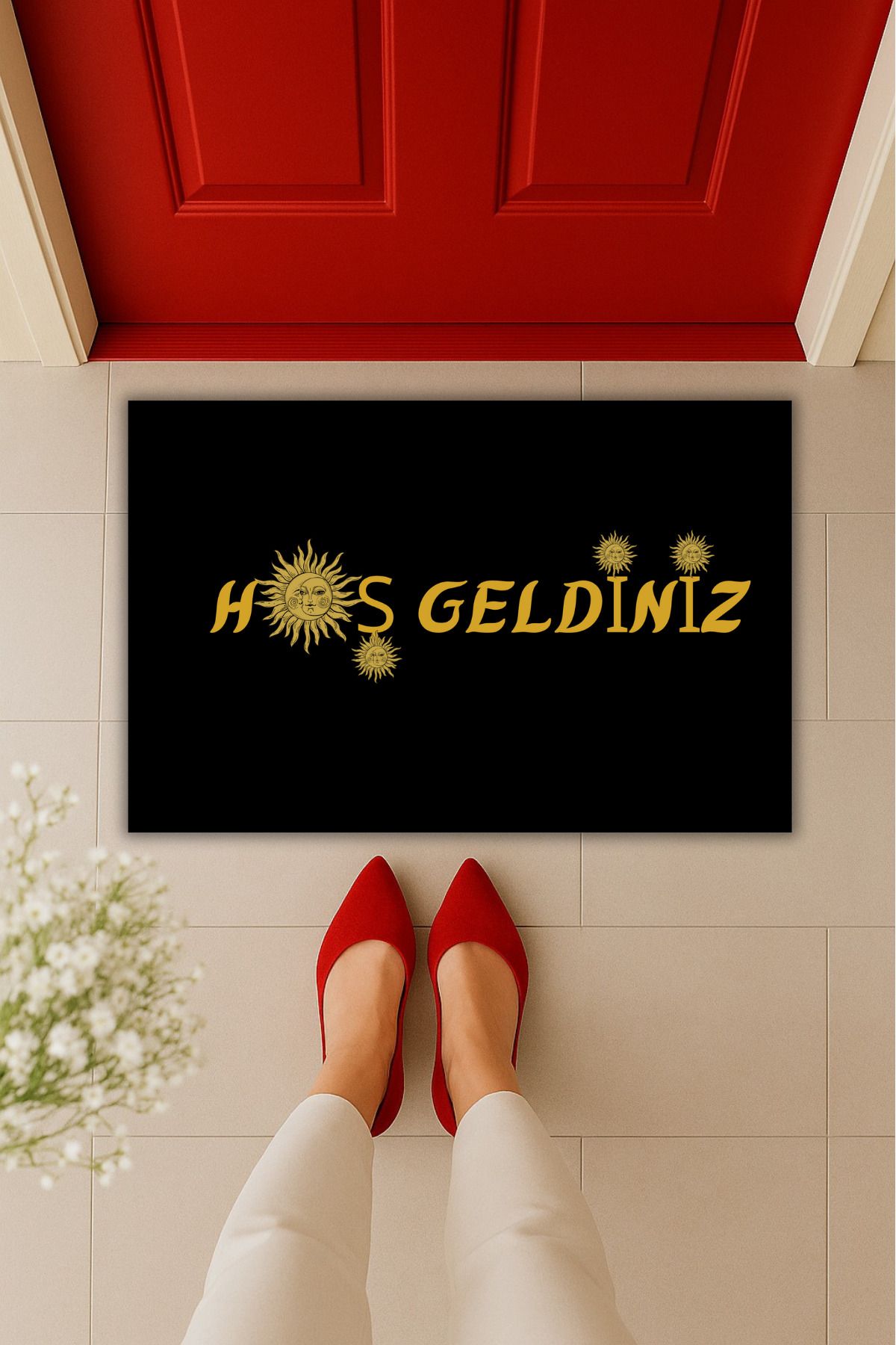 Dormot Home Yüksek Kaliteli Dijital Baskı Güneş Figürlü Hoş Geldiniz Kapı Önü Paspası