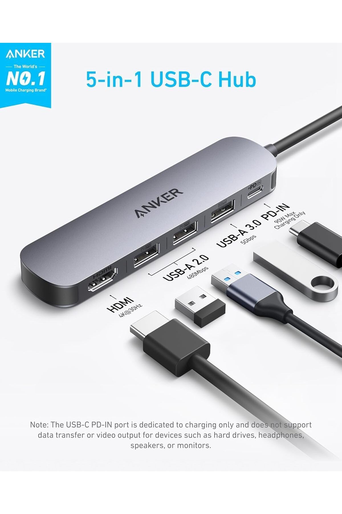 Anker-USB-C Hub (5-in-1) with 4K HDMI at 30Hz, Maximum 100W Power Delivery, USB-C and USB-A Data Por 3