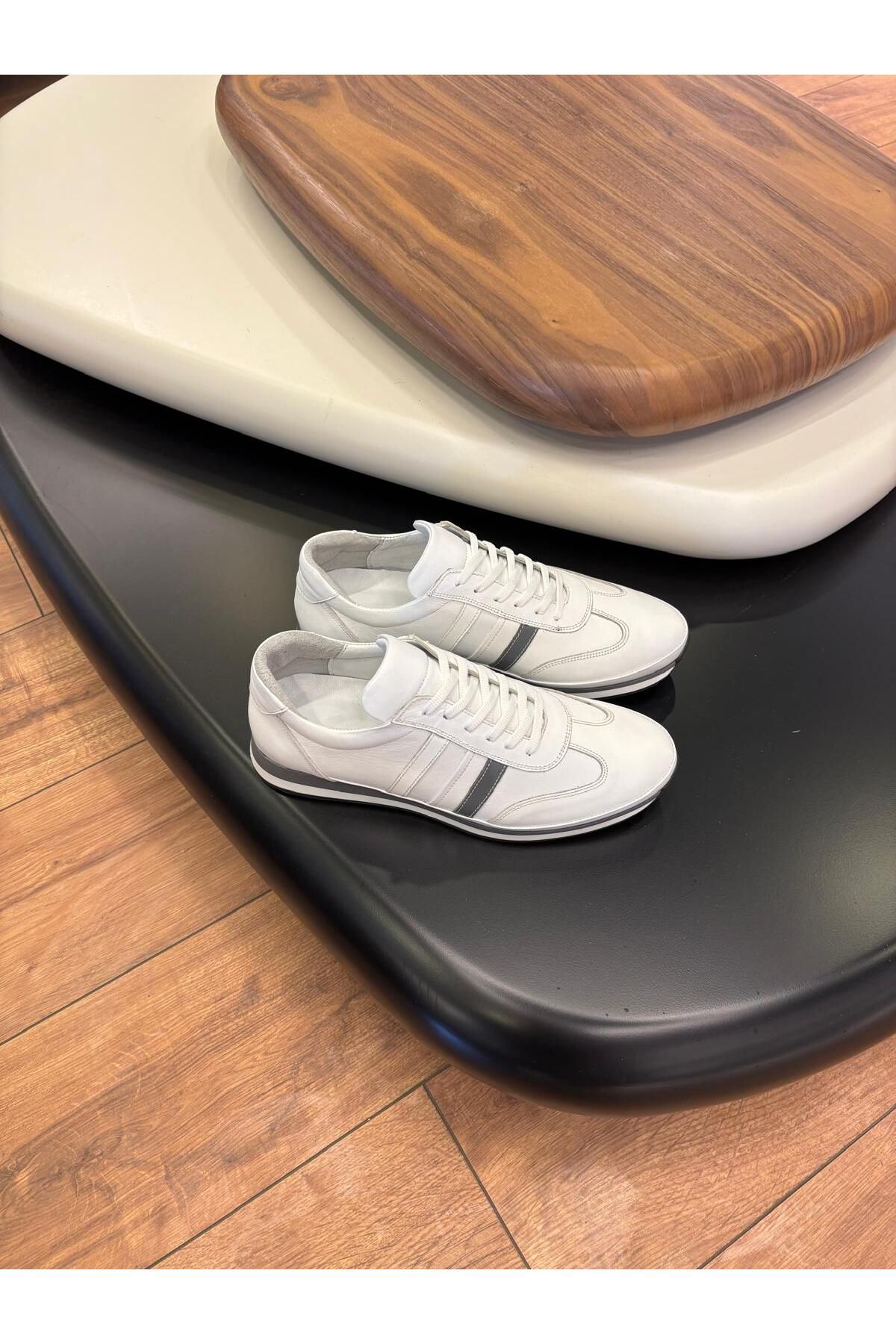 Paulo 1010 BEYAZ ÇİZGİ DETAYLI HAKİKİ DERİ ERKEK SNEAKERS - ERKEK SPOR AYAKKABI