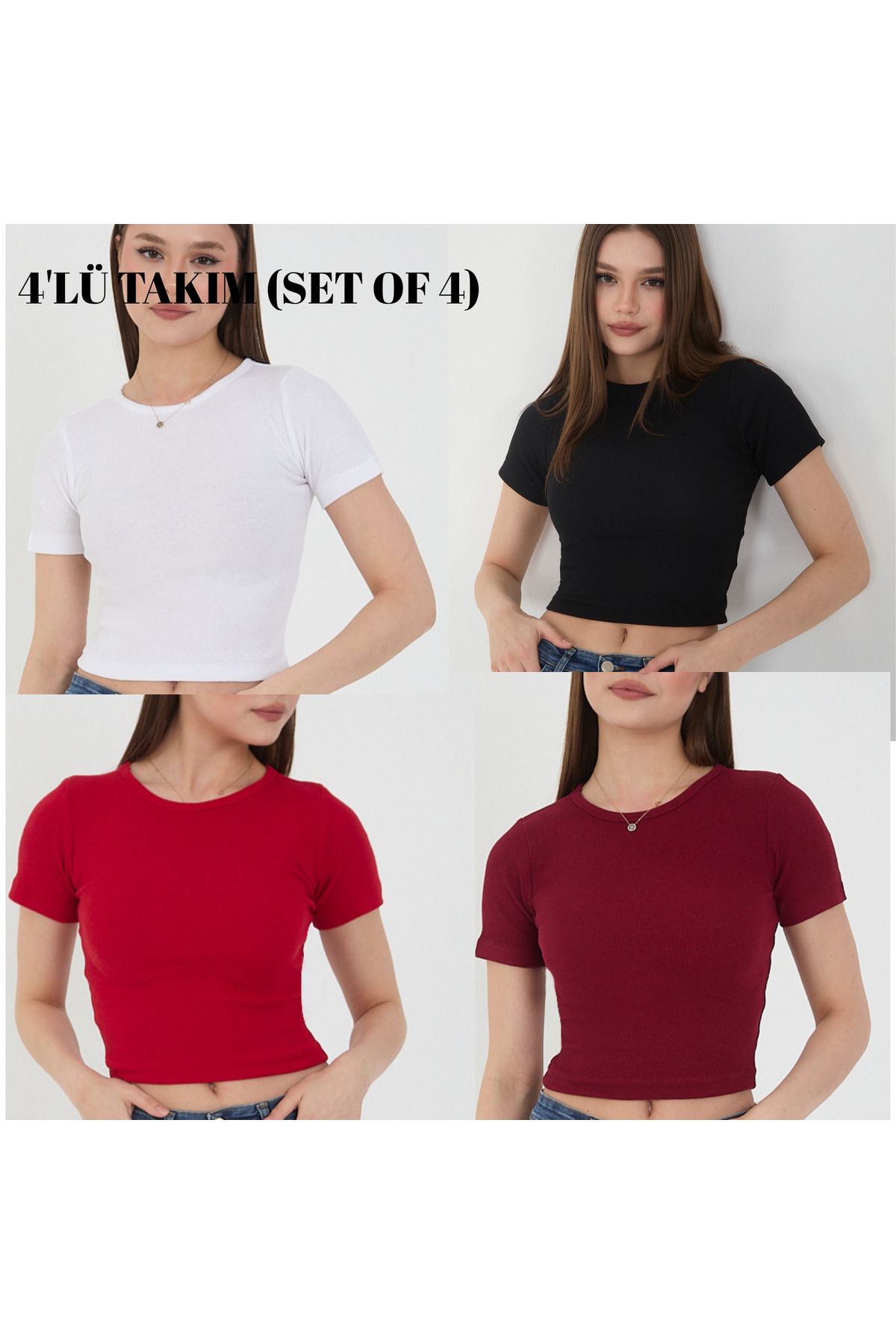 Wearflawless Kadın 4 Lü Adet Fitilli %100 Pamuklu Bisiklet Yaka T-shırt Crop Bluz