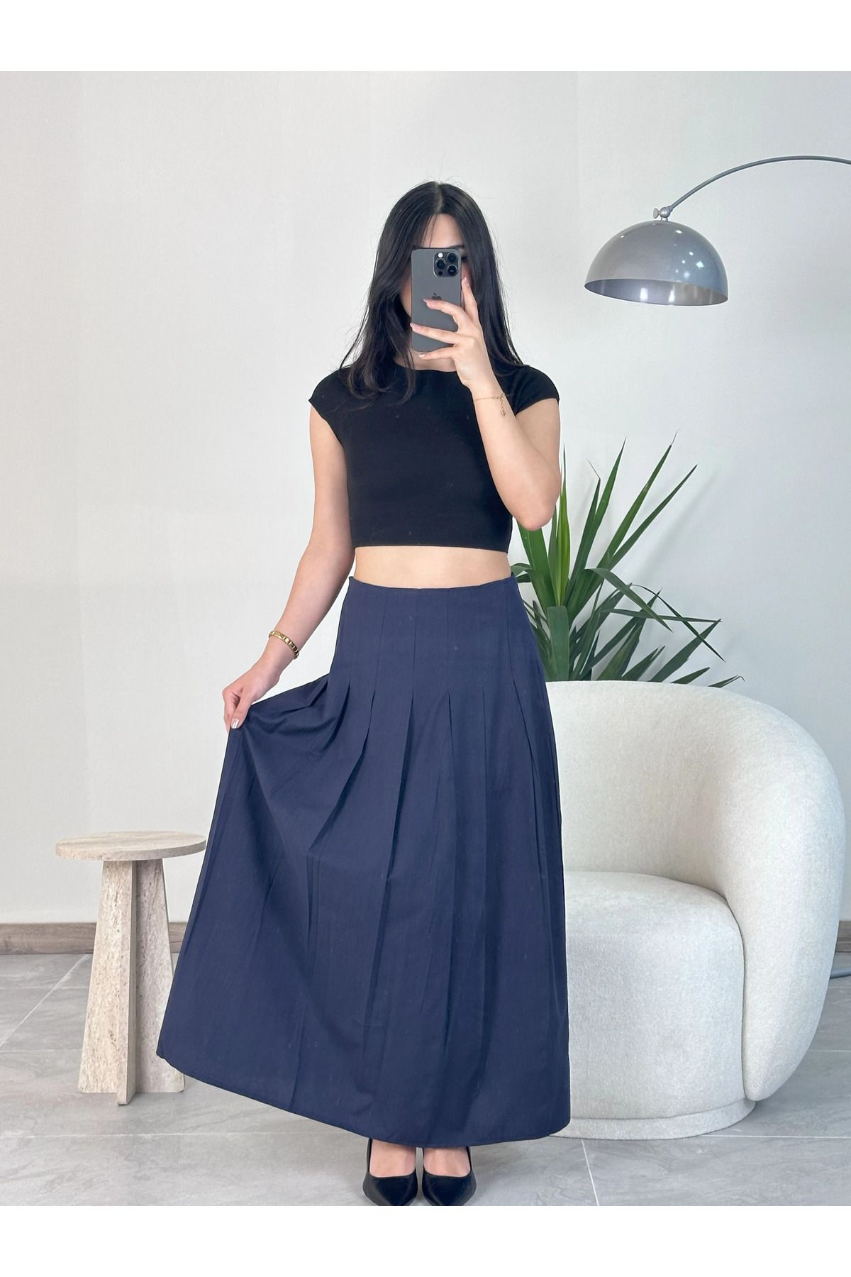 Kyra Studios Lacivert Keten Fileli Etek 8020
