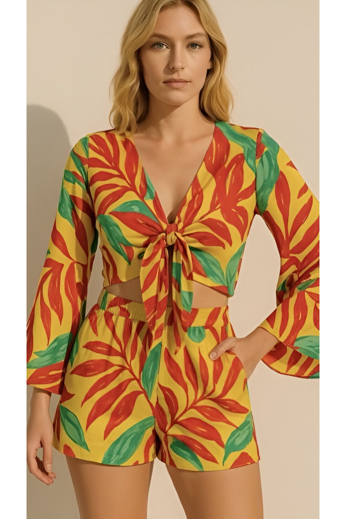 VOGUEMET Kadın Desenli Viskon Şortlu Crop Takım | Yazlık Renkli 2’li Set | Rahat Kalıp