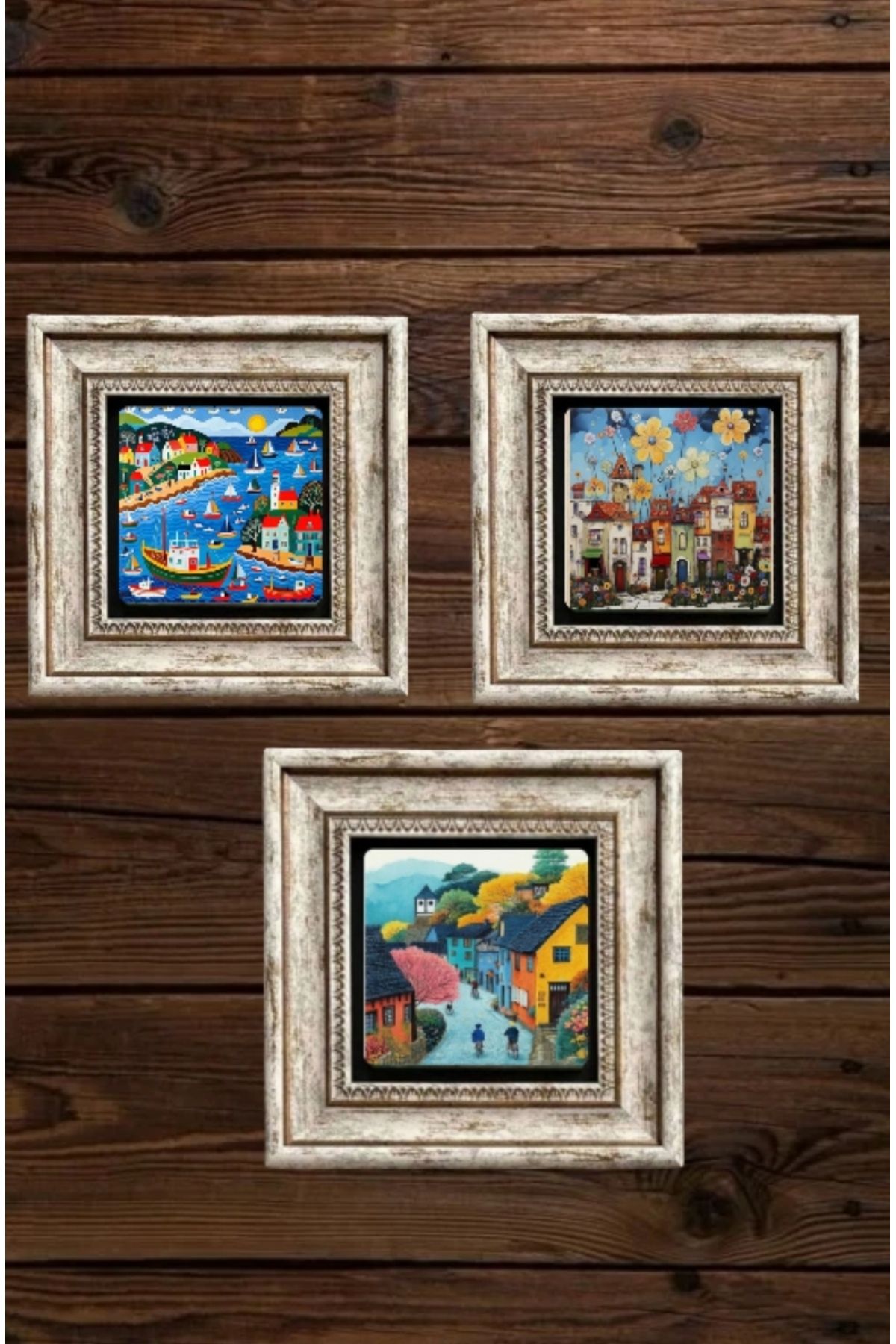 STONEVİVEART Manzara 3 Adet Doğal Taş Tablo 20x20Cm Duvar Dekoru