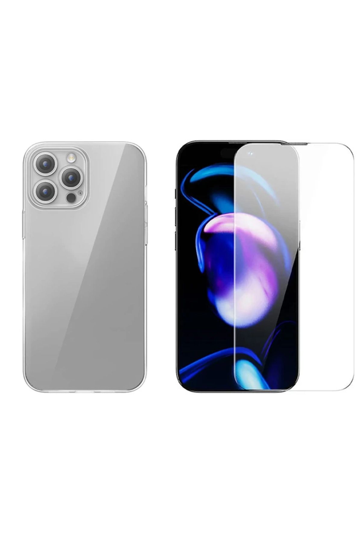 mudikonsept iPhone 15 Pro Max Schott Serisi Şeffaf Silikon Kılıf + Tempered Ekran Koruyucu Se - MDE2223-6387