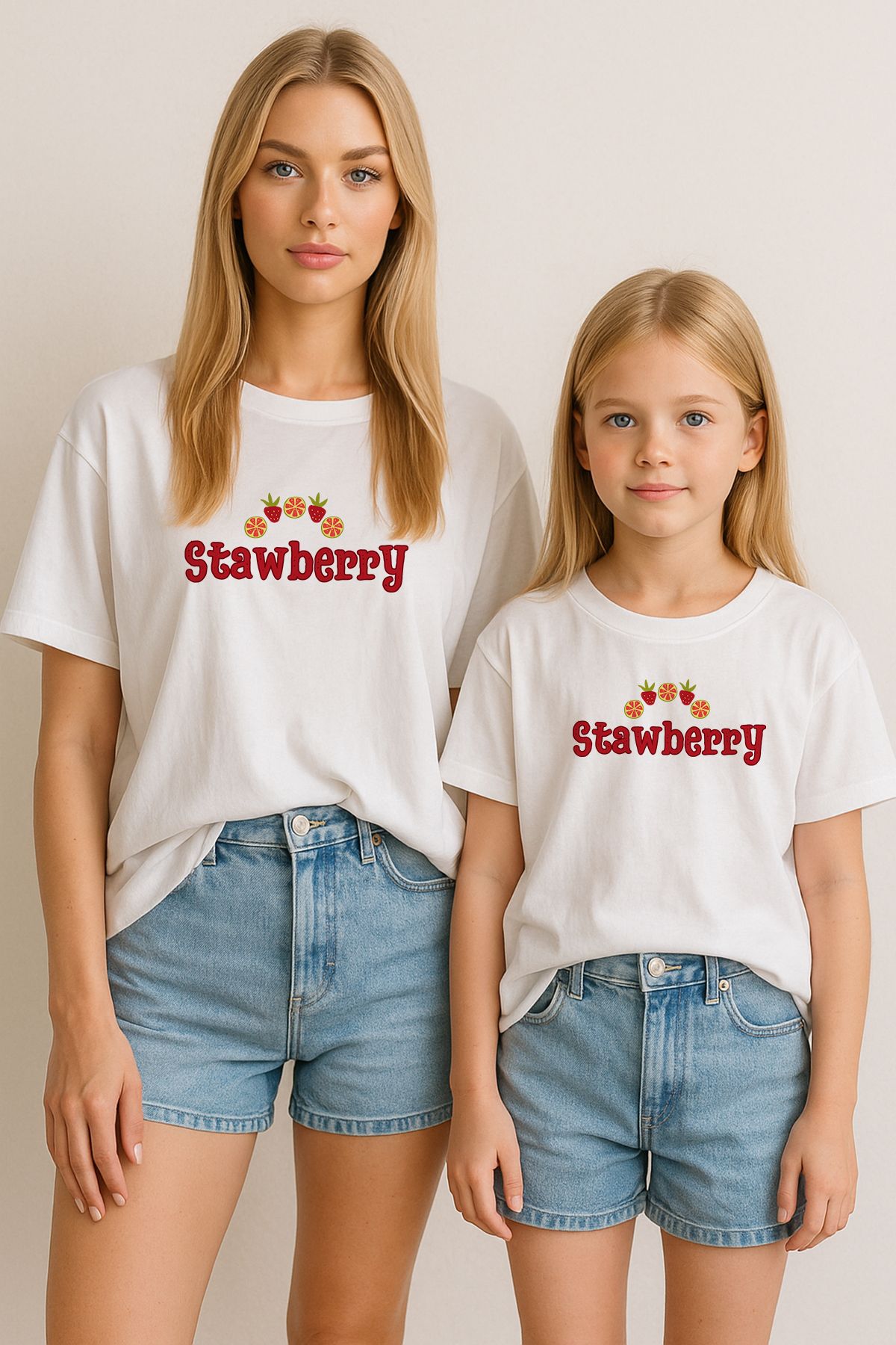 TARZ STİL Anne Kız Çocuk Uyumlu Stawberry Baskılı Trend Tişört 12441