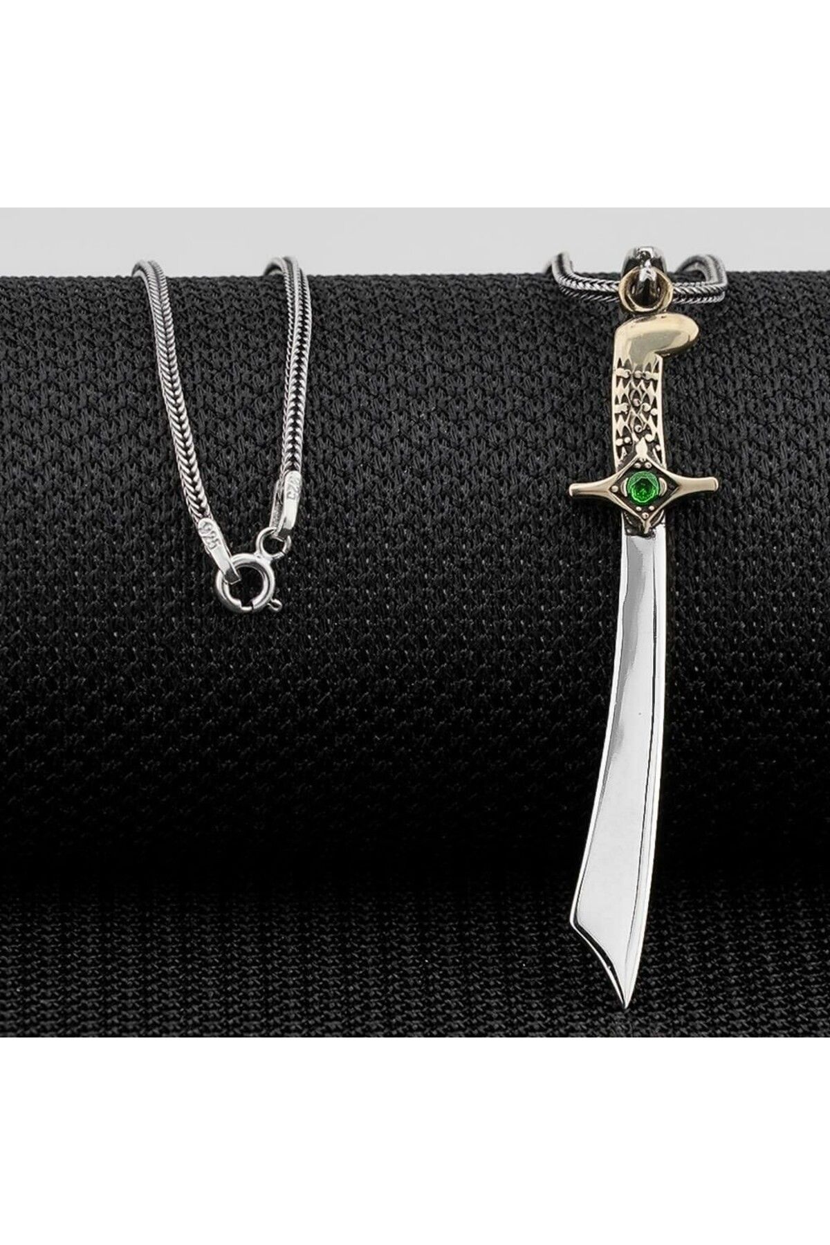 shop Yeşil Taşlı Mogol Kılıcı Zirkon Taşlı 925 Ayar Gümüş Erkek Kolye