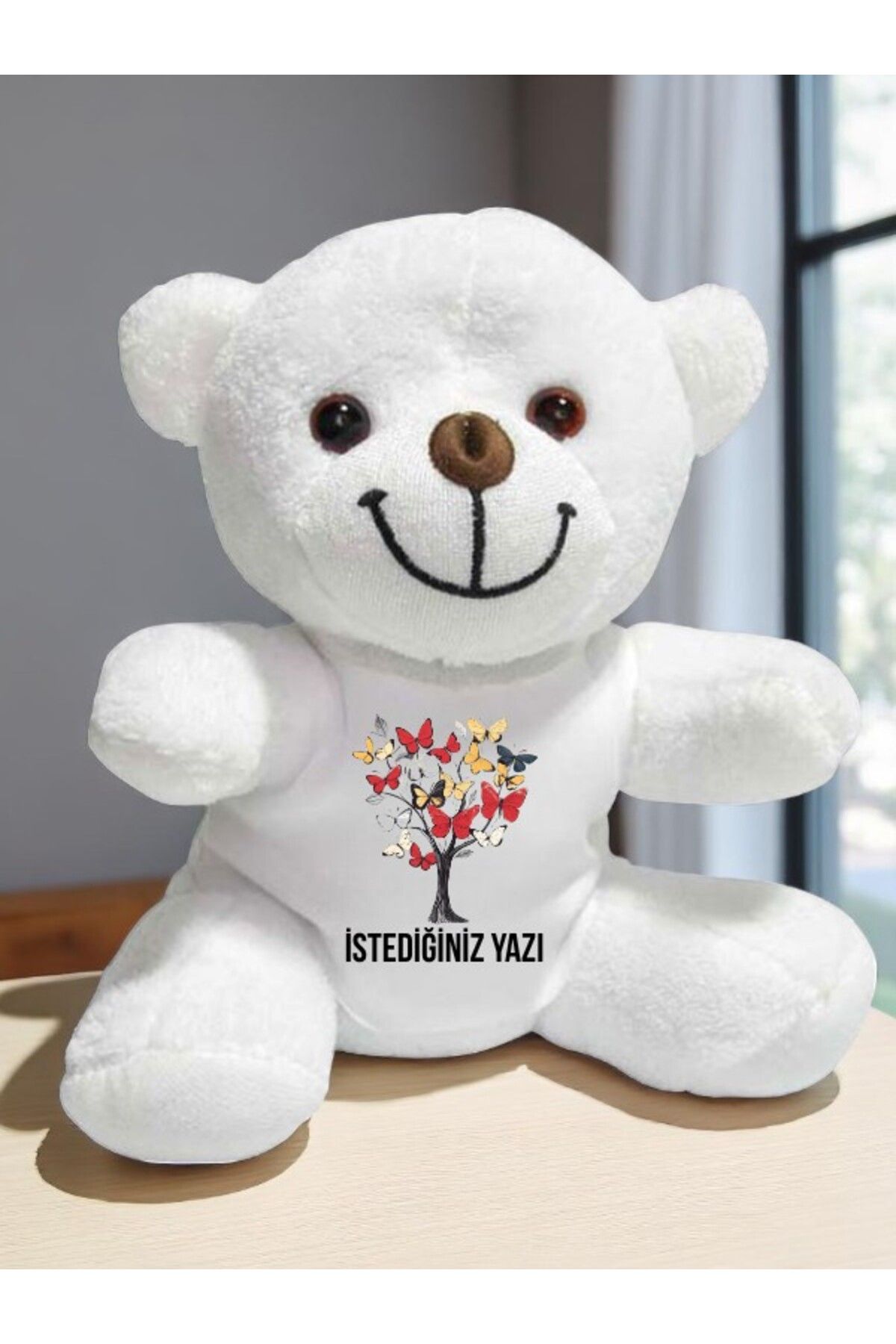 lili hediyelik Kelebekli Ağaç Temalı İstediğiniz Yazı Baskılı 20 cm Beyaz Peluş Ayıcık
