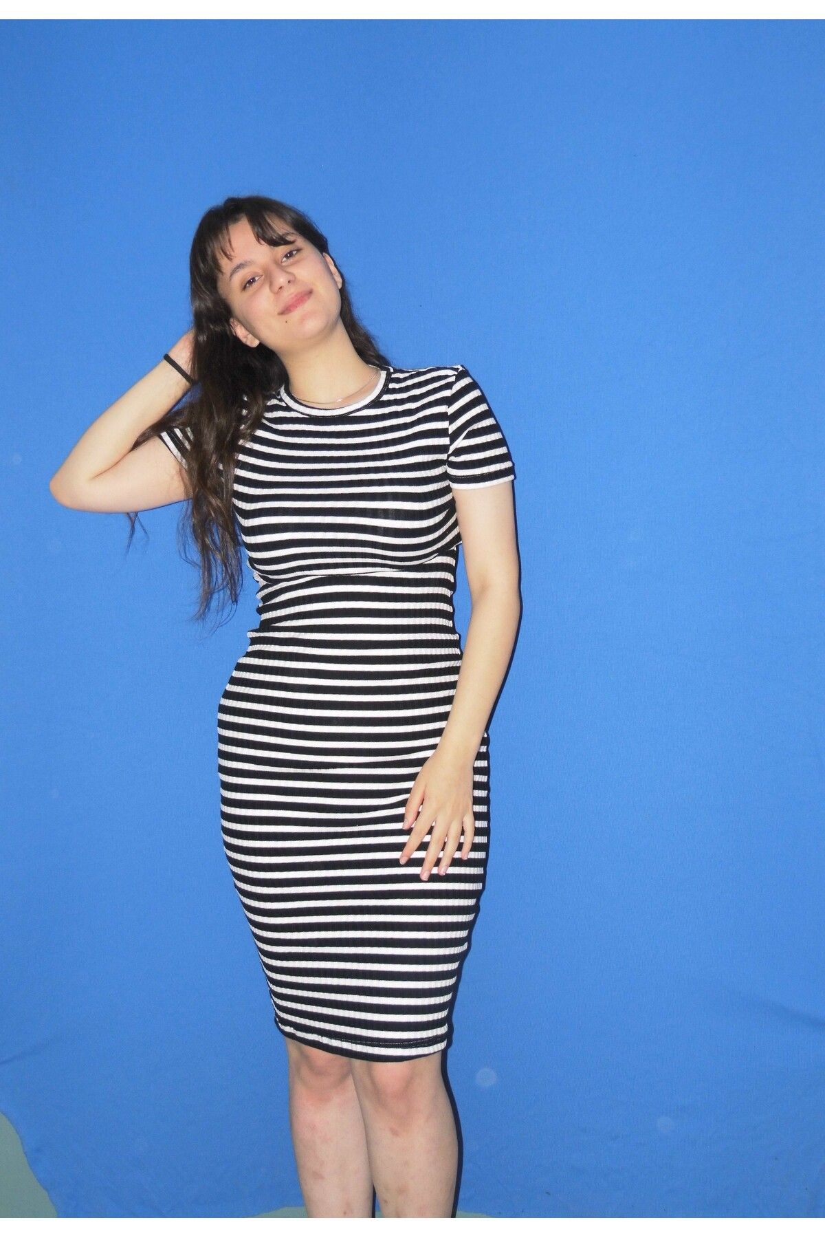 Stitch Shop KAŞKORSE DİZ ALTI ELBİSE SİYAH ÇİZGİLİ