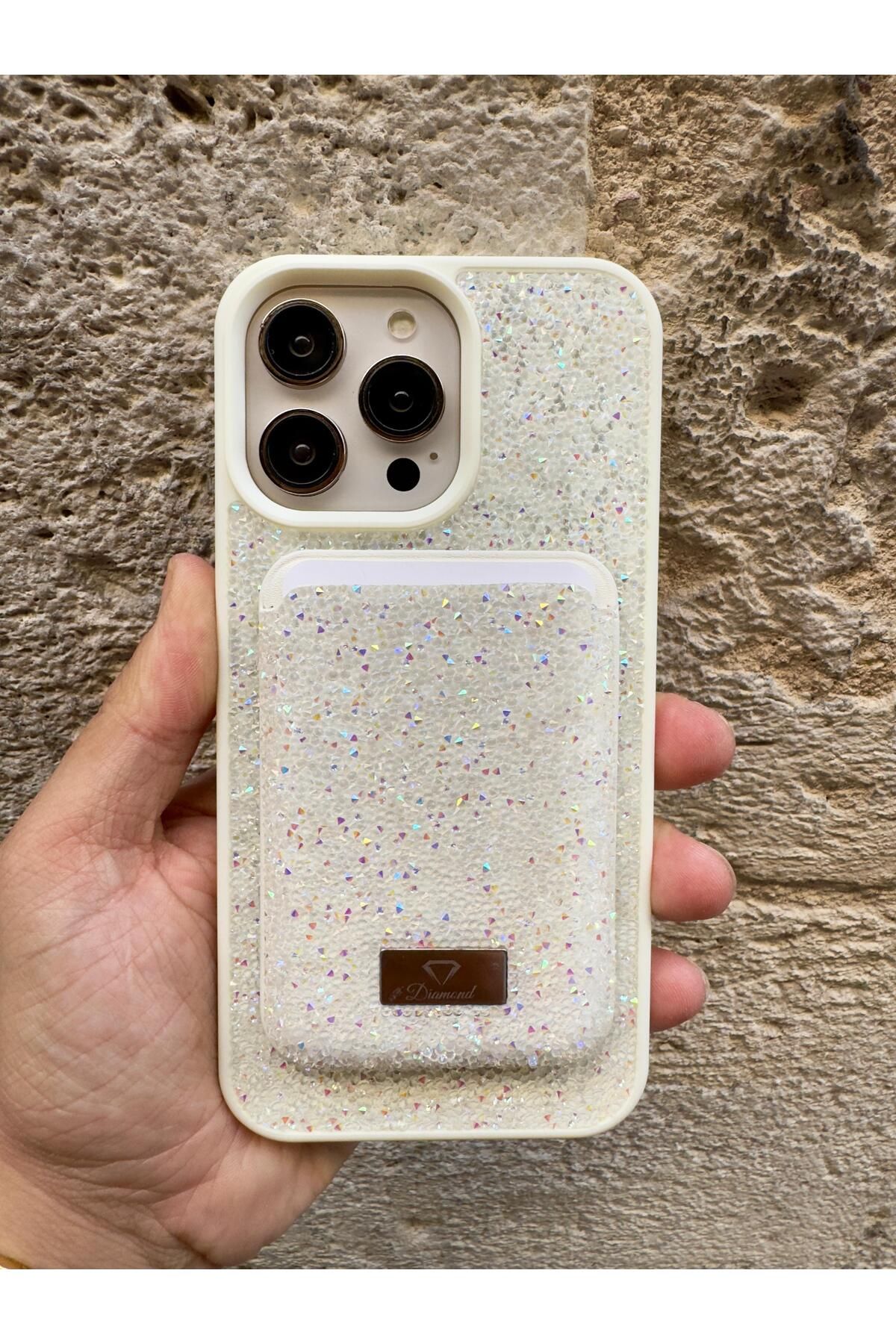 MEGA CASE iPhone 11 Beyaz Taşlı Telefon Kılıfı ve MagSafe Uyumlu Kredi Kartlık Cüzdan Seti