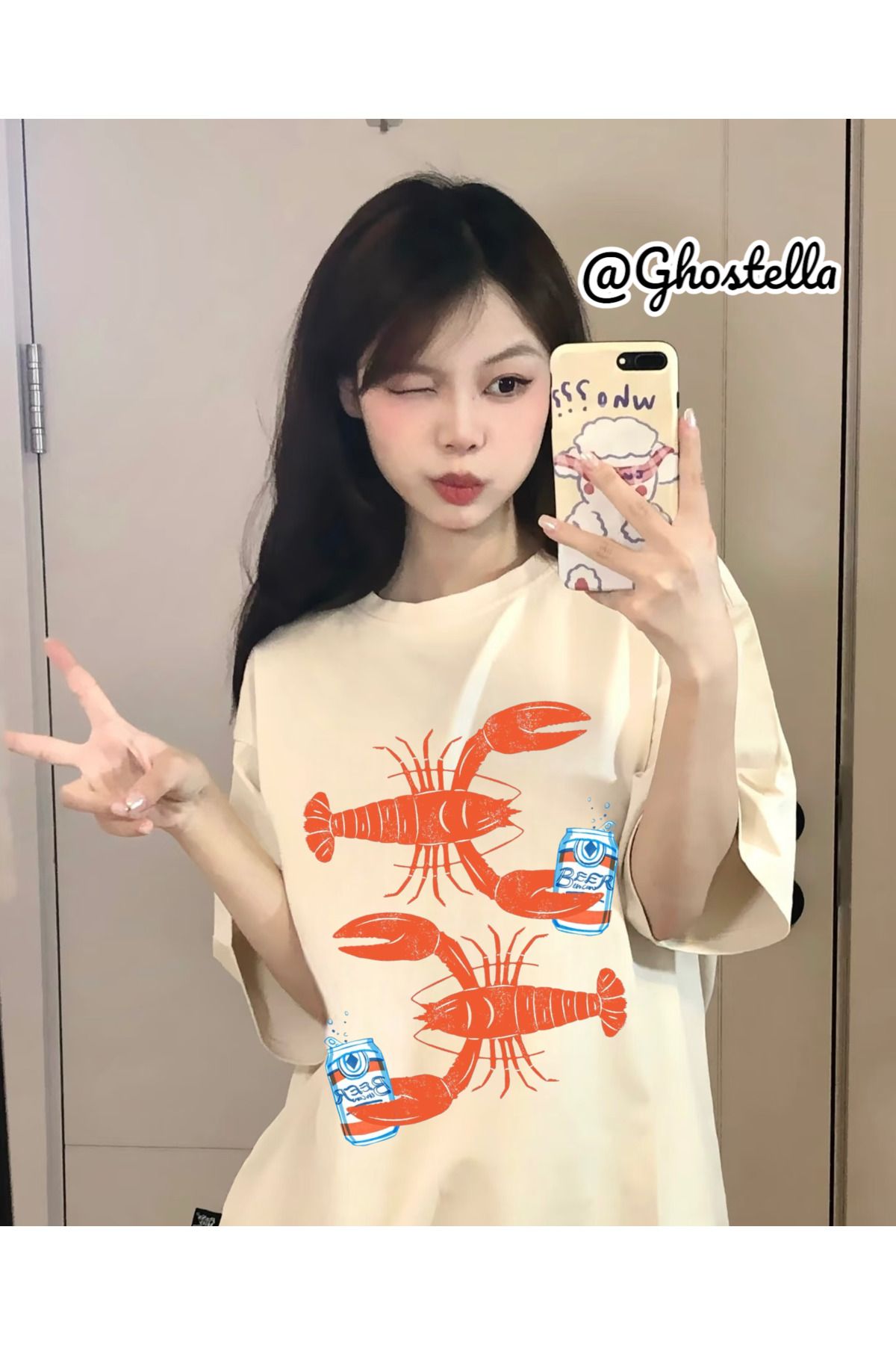 Minga London Bej Orange Lobster Baskılı Oversize Unisex Tshirt -Ghostella