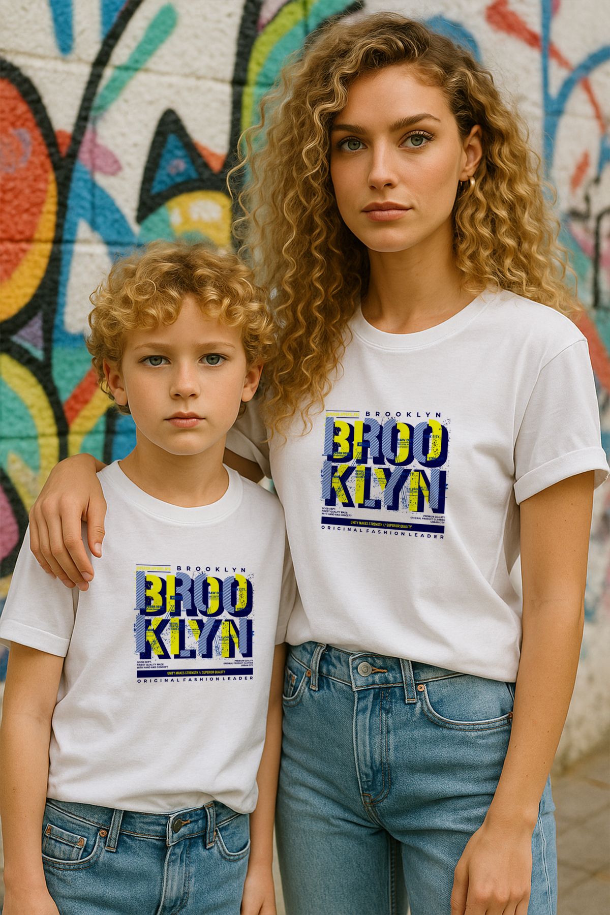 TARZ STİL Anne Oğul Uyumlu Renkli Brooklyn Baskılı Trend Tişört 12559
