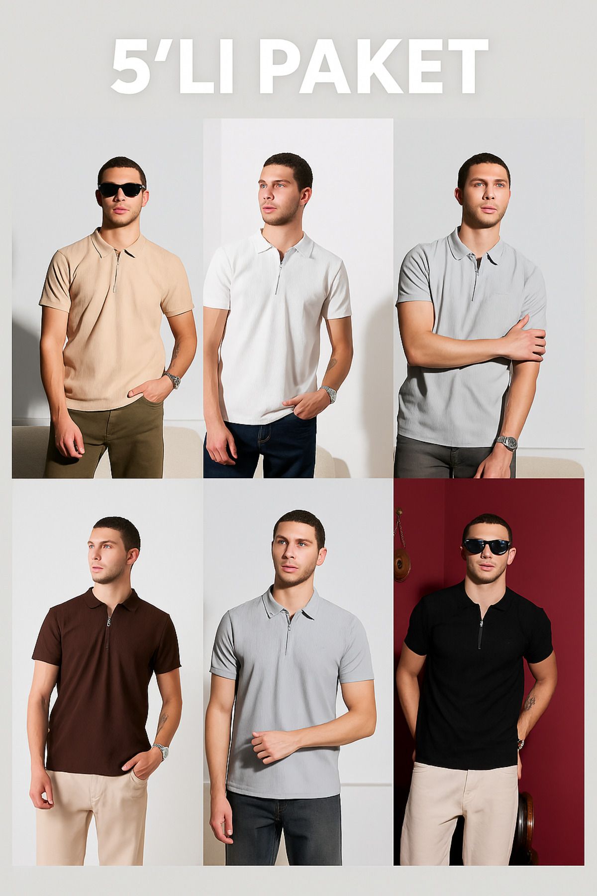 DAMGA JEANS Erkek 5' Li Paket Fermuarlı Bol Polo Yaka Tişört