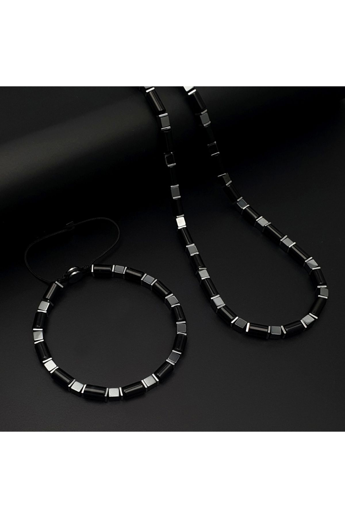 Seven Art Jewelry Doğal Taş Blieklik & Kolye Set, Siyah Hematit ve Akik Taşı Kolye & Bileklik Set