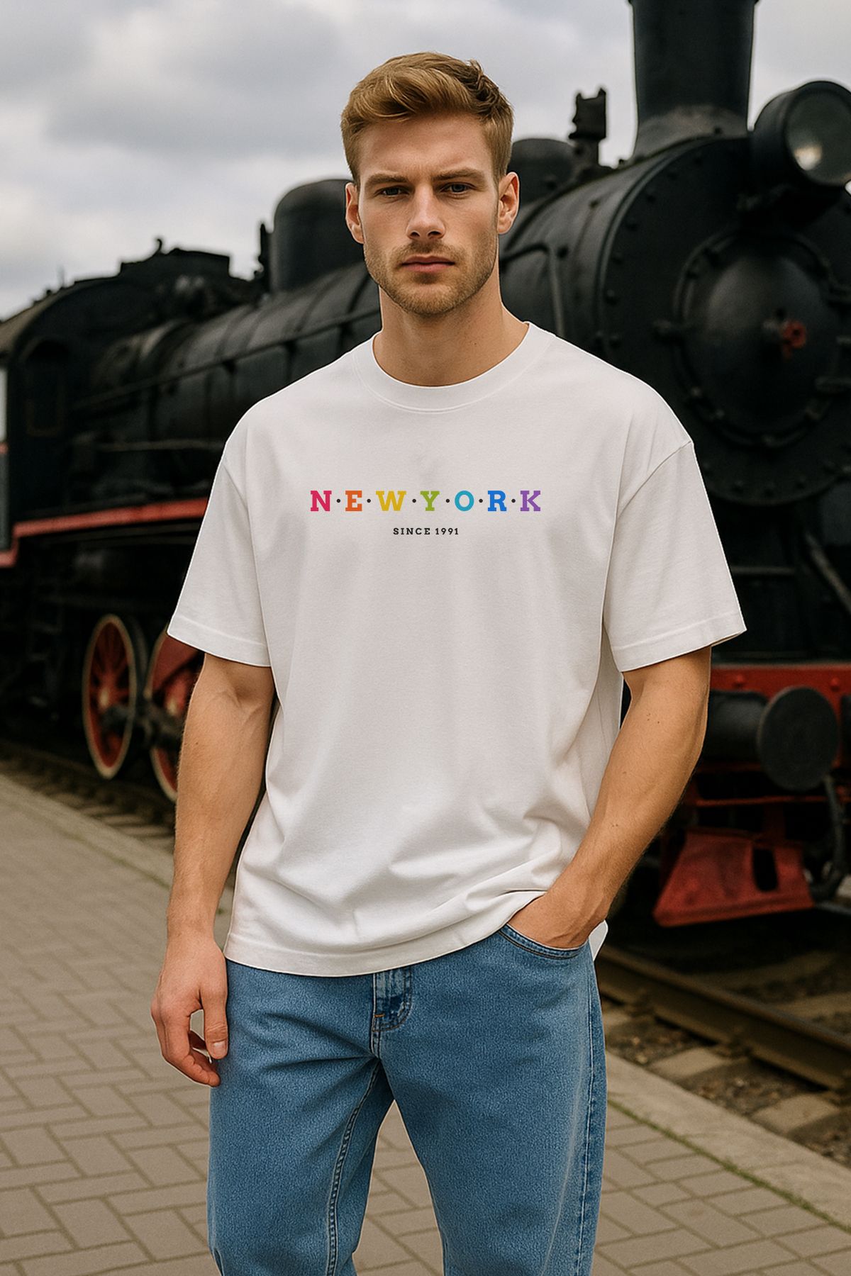 TARZ STİL Erkek Beyaz Oversize NewYork Baskılı Kısa Kollu Tişört 22854