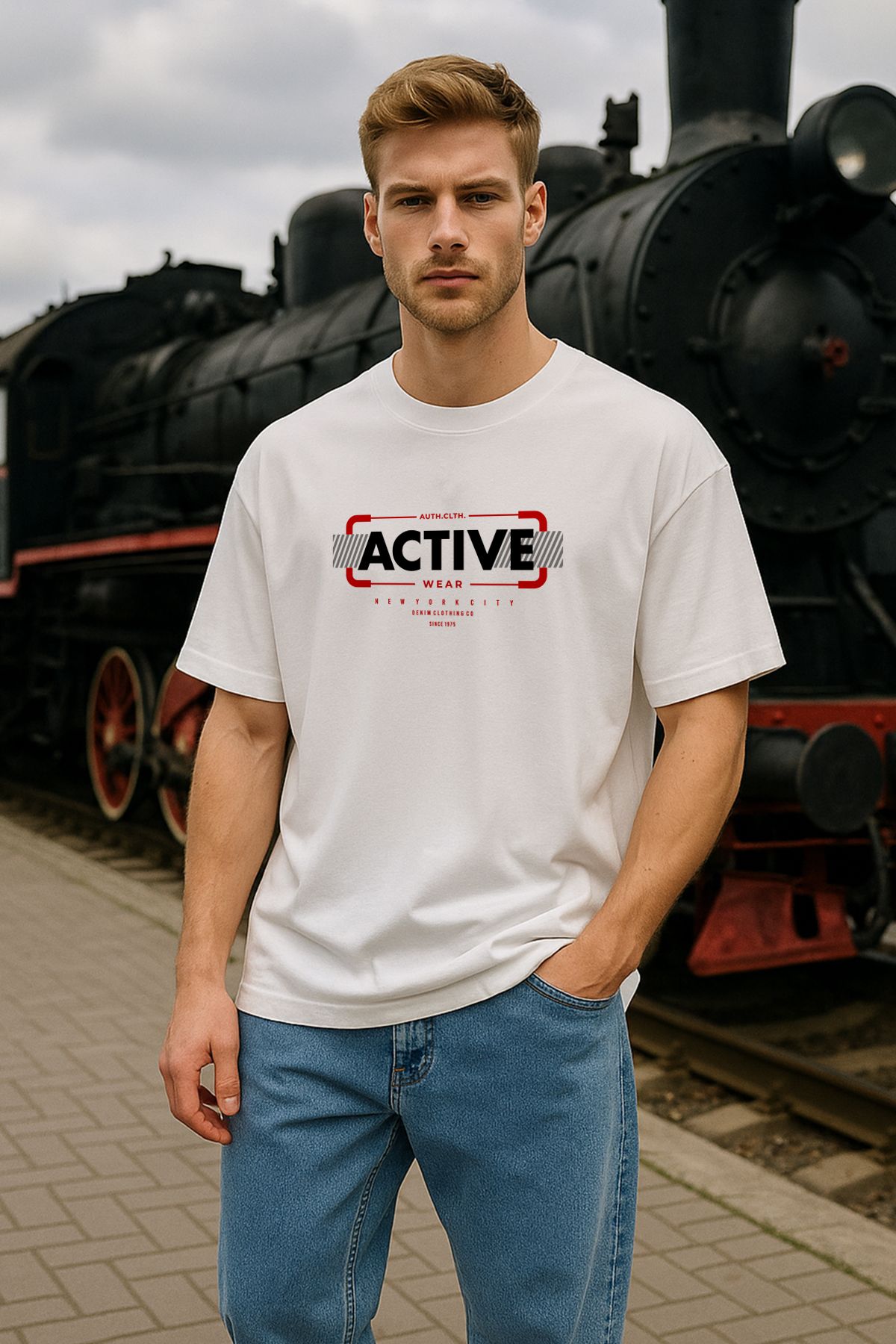 TARZ STİL Erkek Beyaz Oversize Active Baskılı Kısa Kollu Tişört 13308