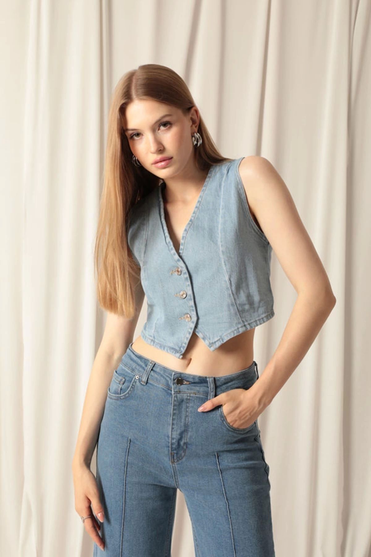 KEREM YAPI MARKET Denim Kumaş Kadın Mavi Kot Yelek