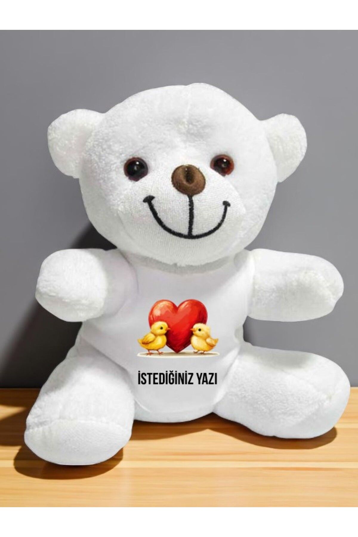 lili hediyelik Kalpli Civciv Temalı İstediğiniz Yazı Baskılı 20 cm Beyaz Peluş Ayıcık