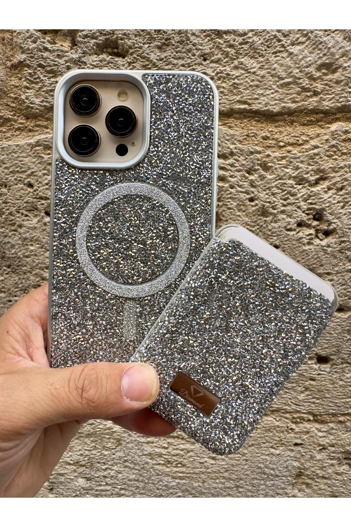 MEGA CASE iPhone 16 Gümüş Taşlı Telefon Kılıfı ve MagSafe Uyumlu Kredi Kartlık Cüzdan Seti
