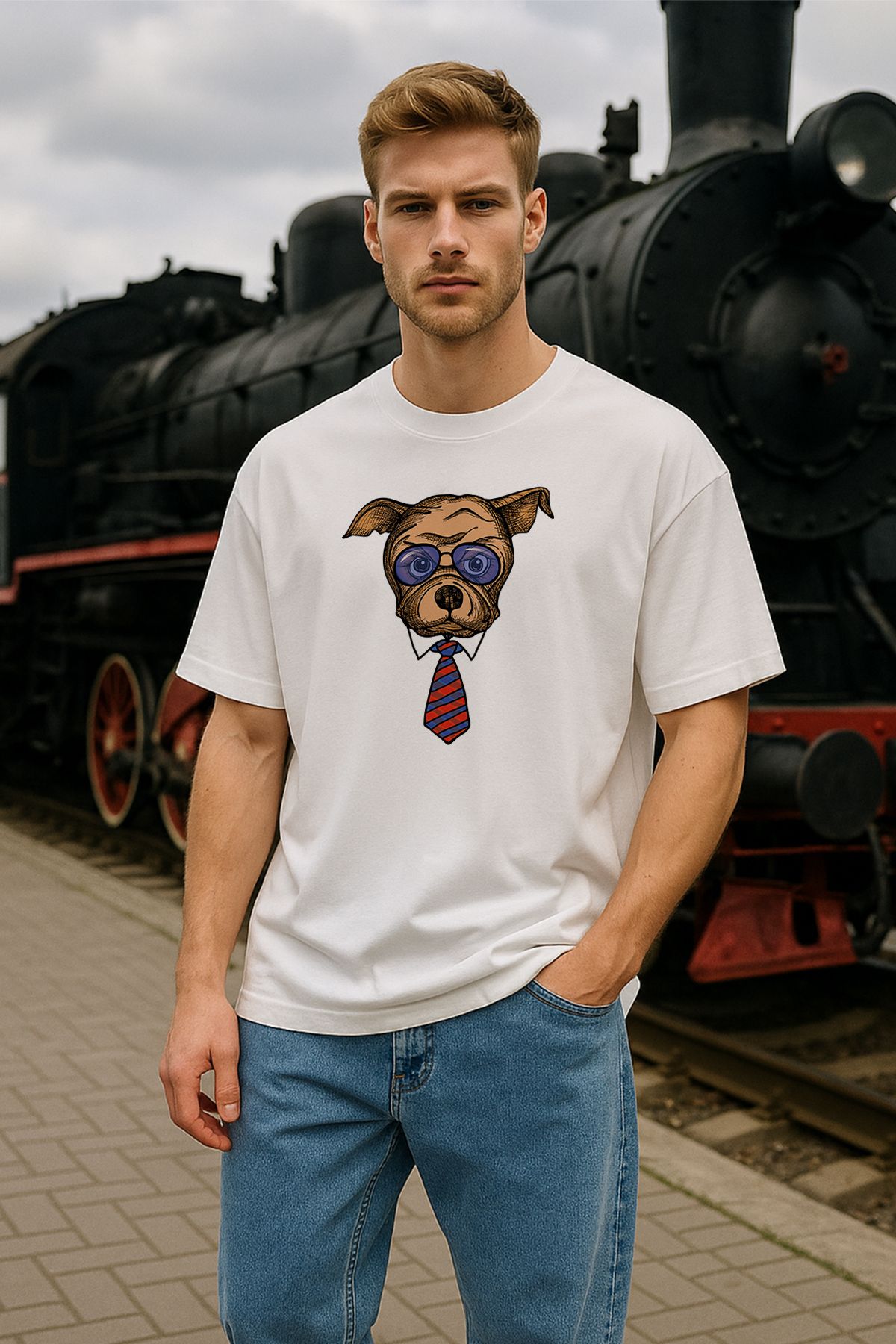 TARZ STİL Erkek Beyaz Oversize Kravatlı Köpek Baskılı Kısa Kollu Tişört 12494