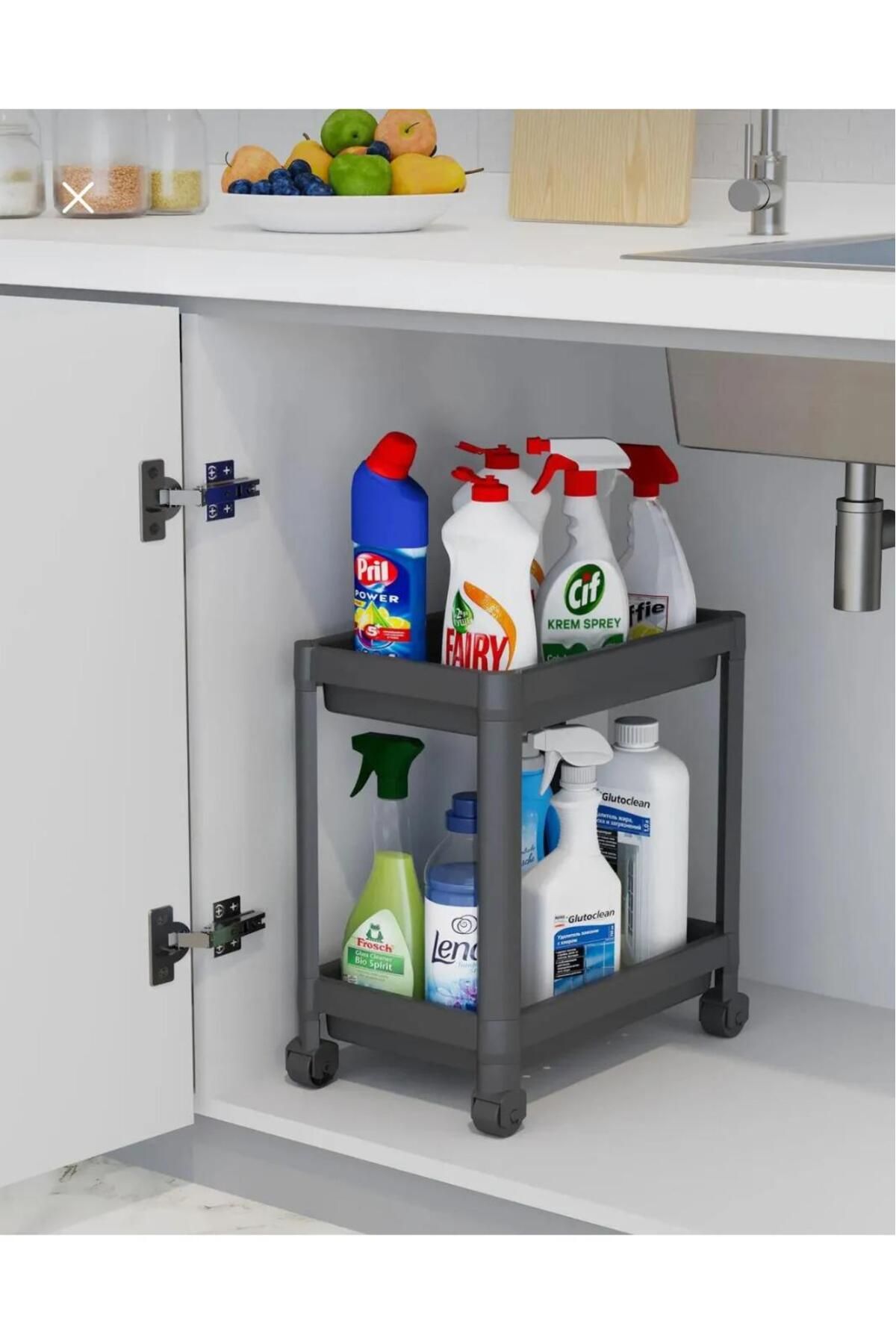 ZeDesign Çok Amaçlı 2 Katlı Evye Altı Düzenleyicisi Banyo Düzenleyici Dolap İçi Organizer Raf tekerlekli gri
