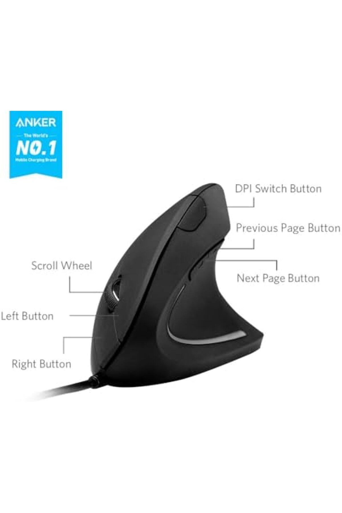 Anker-Ergonomic Optical Vertical Mouse with USB Cable, Comfortable and Easy to Use 3