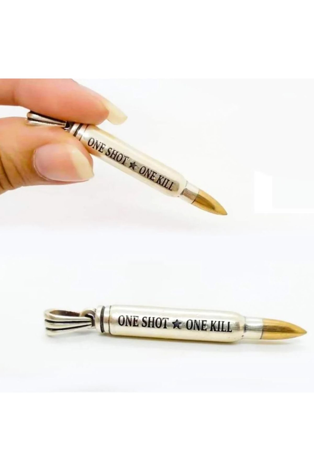 shop Mermi Tasarımlı One Shot One Kill Yazılı 925 Ayar Gümüş Erkek Kolye