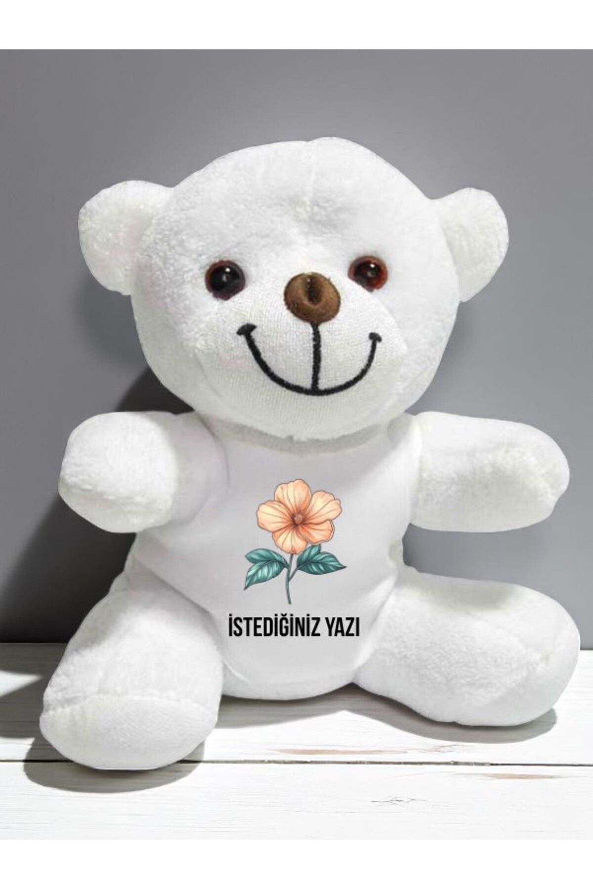 lili hediyelik Çiçekli Temalı İstediğiniz Yazı Baskılı 20 cm Beyaz Peluş Ayıcık