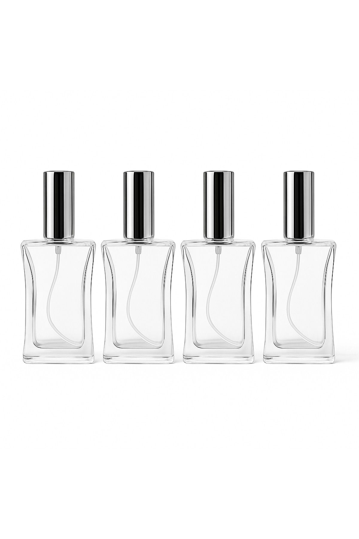 Büyülü Şişeler 50 ml Gümüş Kapaklı Doldurulabilir Şeffaf Cam Parfüm Şişesi 4 Adet