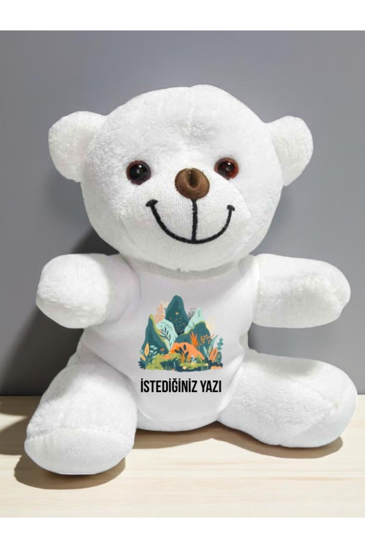 lili hediyelik Doğa Temalı İstediğiniz Yazı Baskılı 20 cm Beyaz Peluş Ayıcık