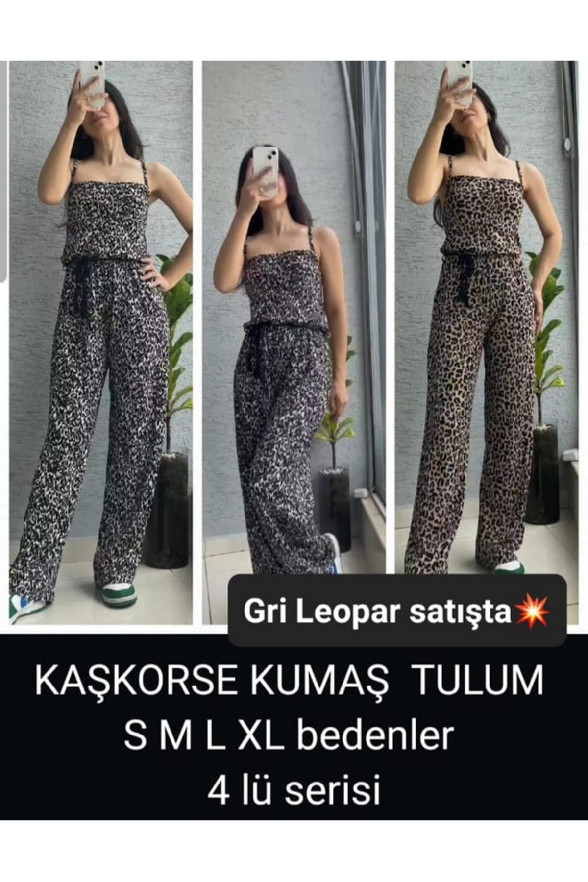 MODA Kadın Örme Kumaş Askılı Tulum Kahverengi Leopar Desenli