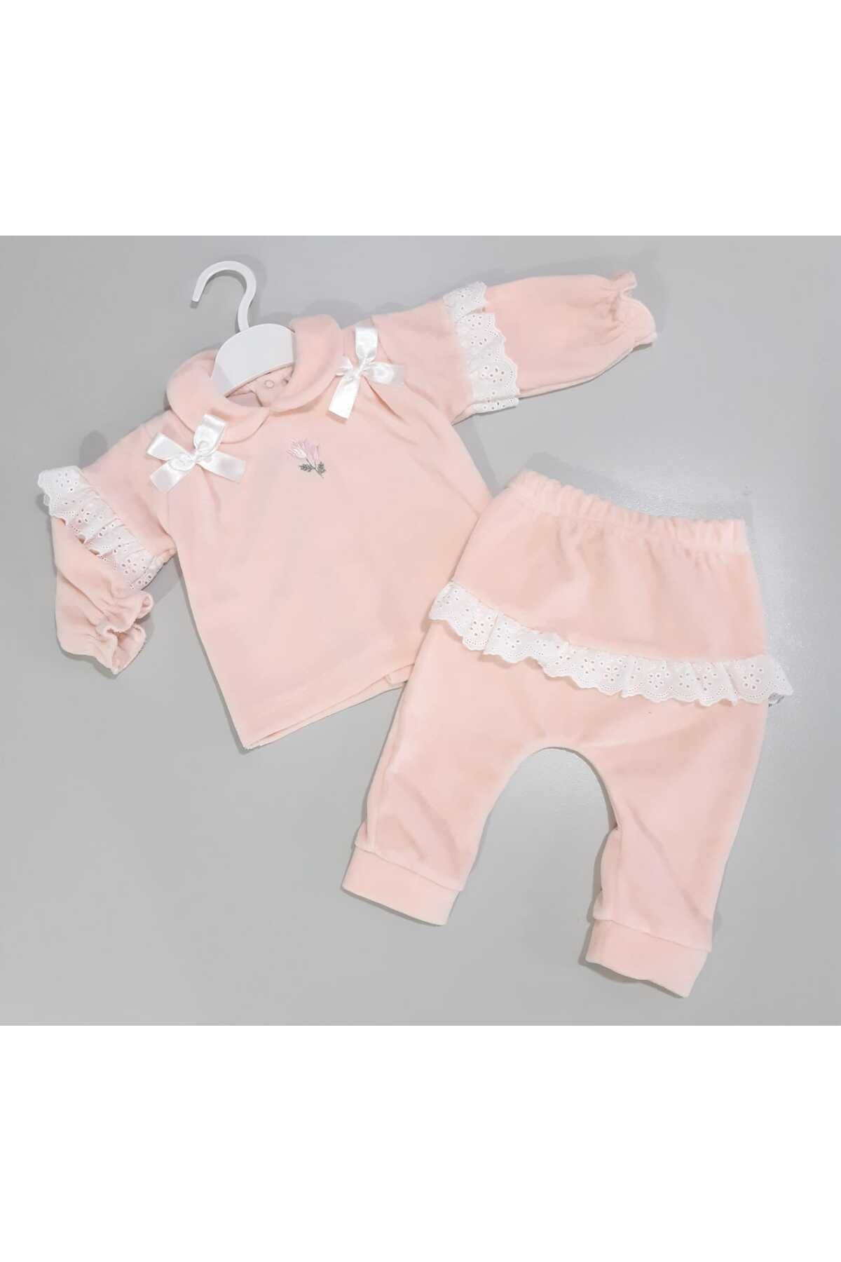 Sönmez Baby PLİKAŞE ÇİÇEKLİ FİSTOLU KADİFE KIŞLIK İKİLİ KIZ BEBE TAKIMI