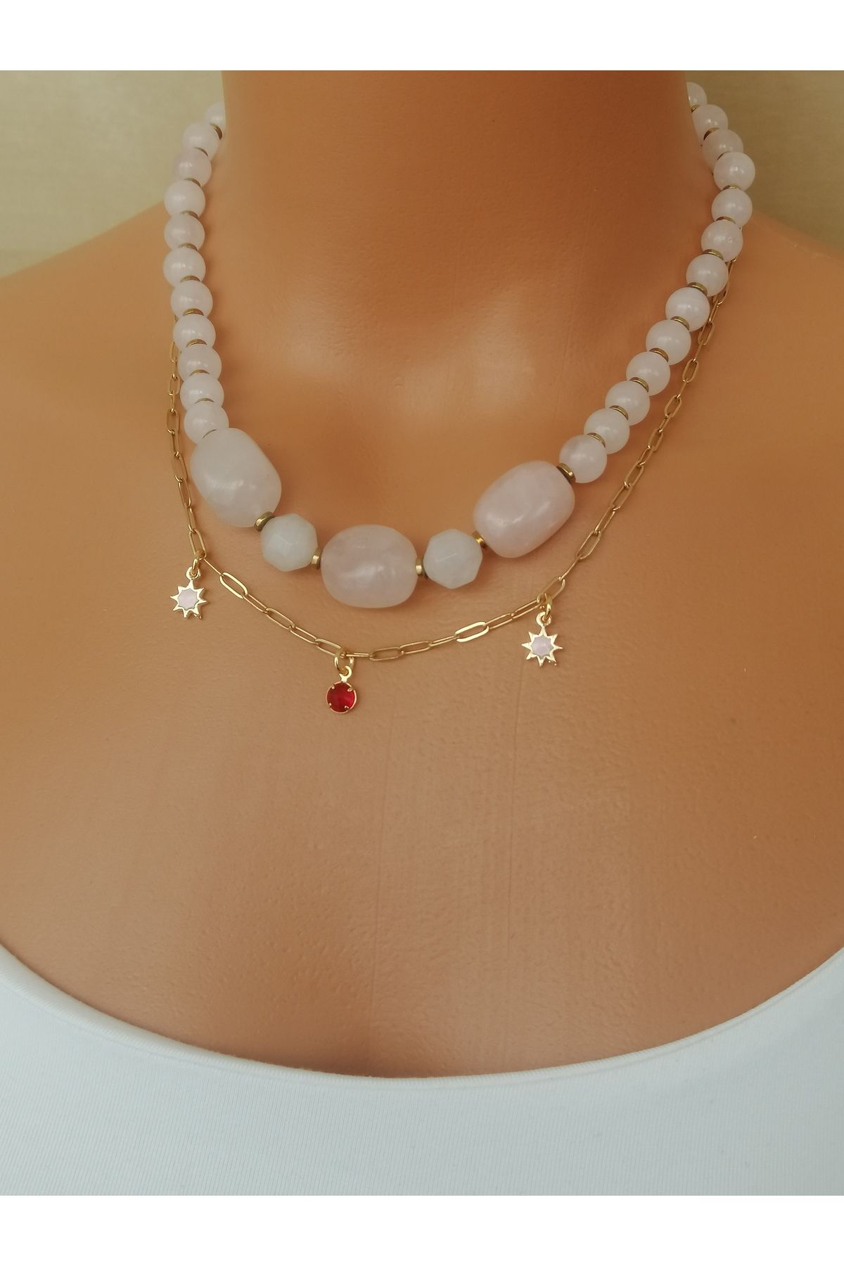 LemaStone Berrak pembe kuvars taşı ve çelik zincir kolye seti