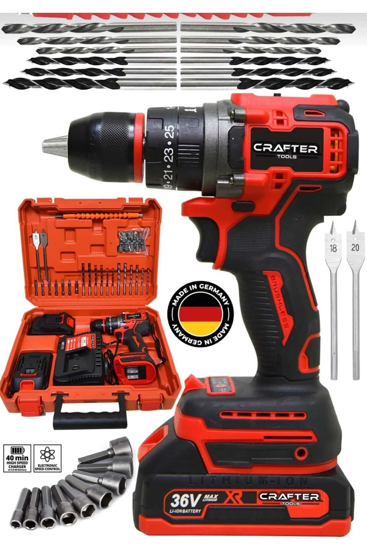 BELCO-TECH 36V 5Ah Kömürsüz Motor Çelik Mandren Akülü Vidalama Darbeli Şarjlı Matkap Seti Kırmızı ALT102