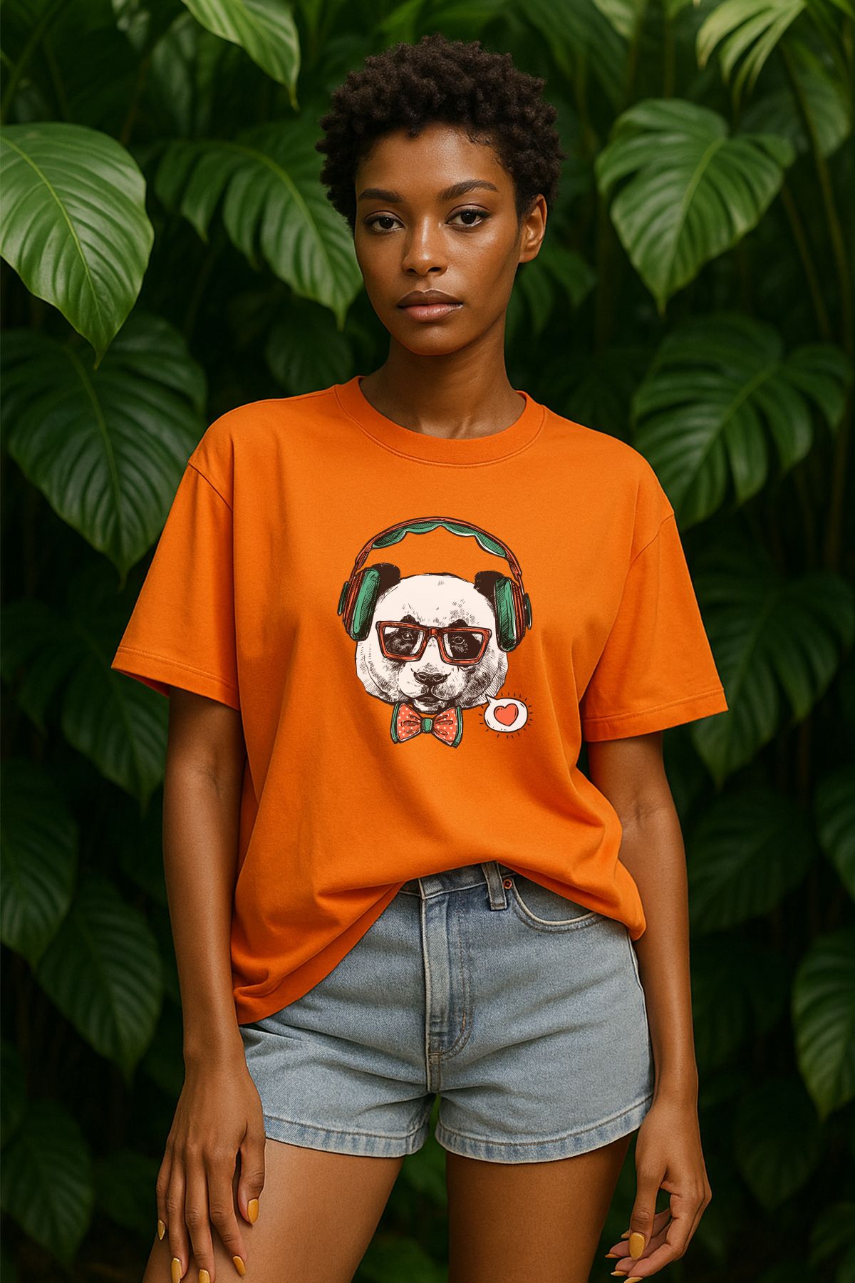 TARZ STİL Kadın Oversize Papyonlu Panda Baskılı Kısa Kollu Trend Tişört 12489