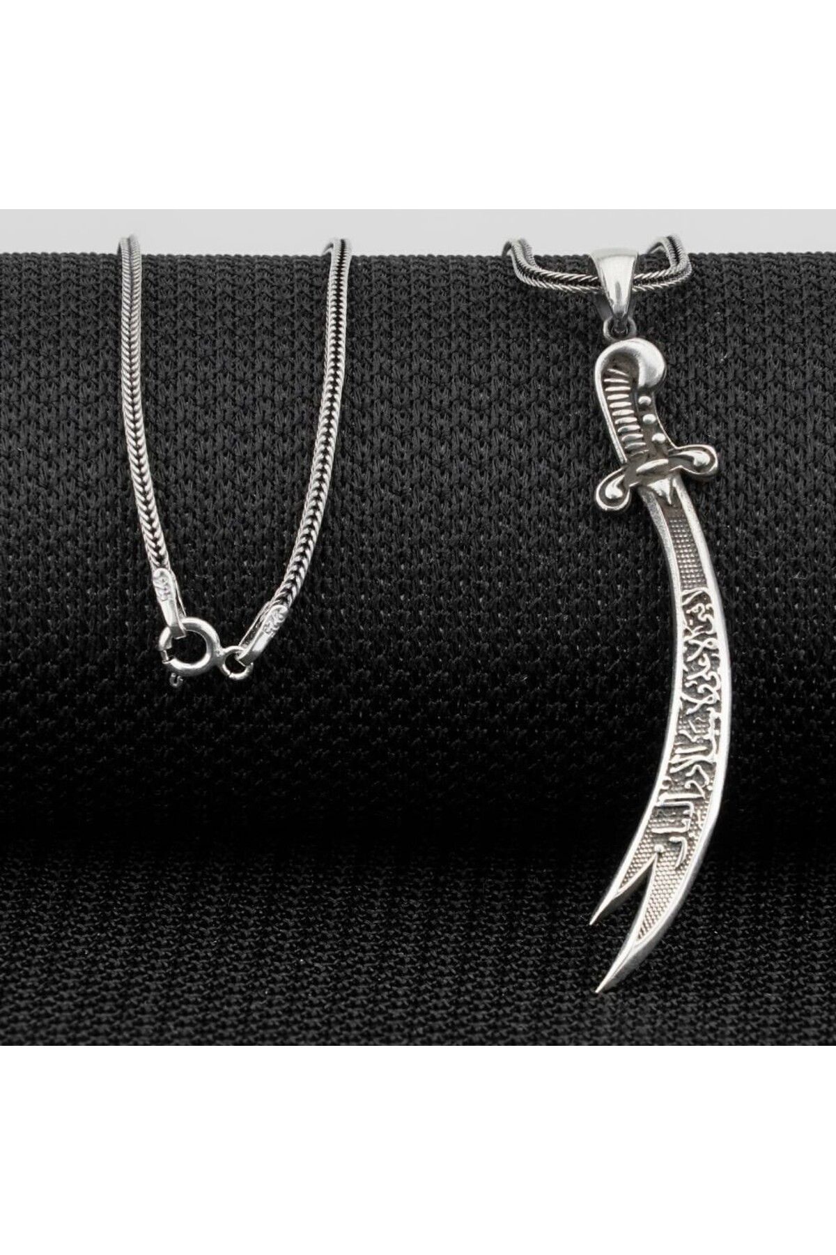 shop La Fetta İlla Ali La Seyfe İlla Zülfikar Yazılı Beyaz Taşlı 925 Ayar Gümüş Erkek Kolye