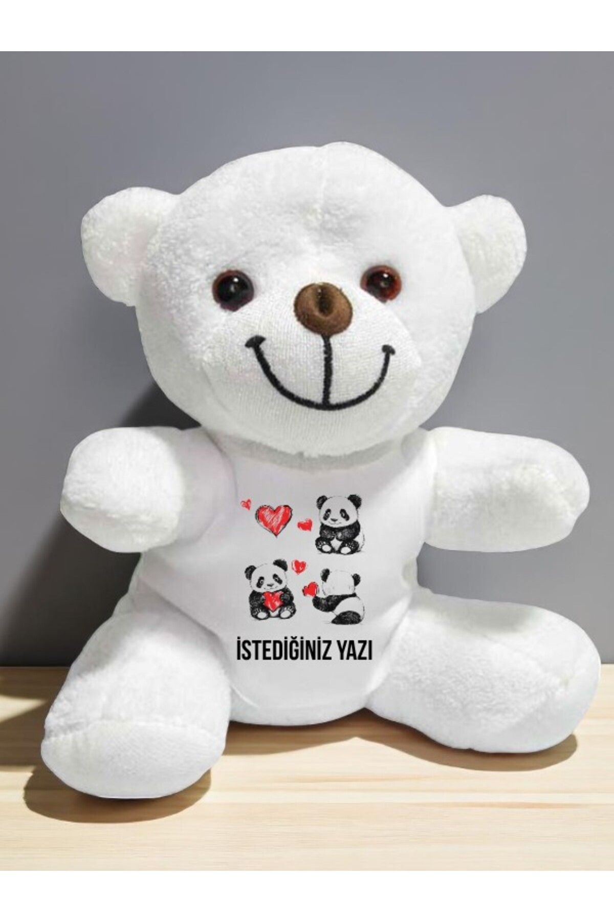 lili hediyelik Kalpli Panda Temalı İstediğiniz Yazı Baskılı 20 cm Beyaz Peluş Ayıcık