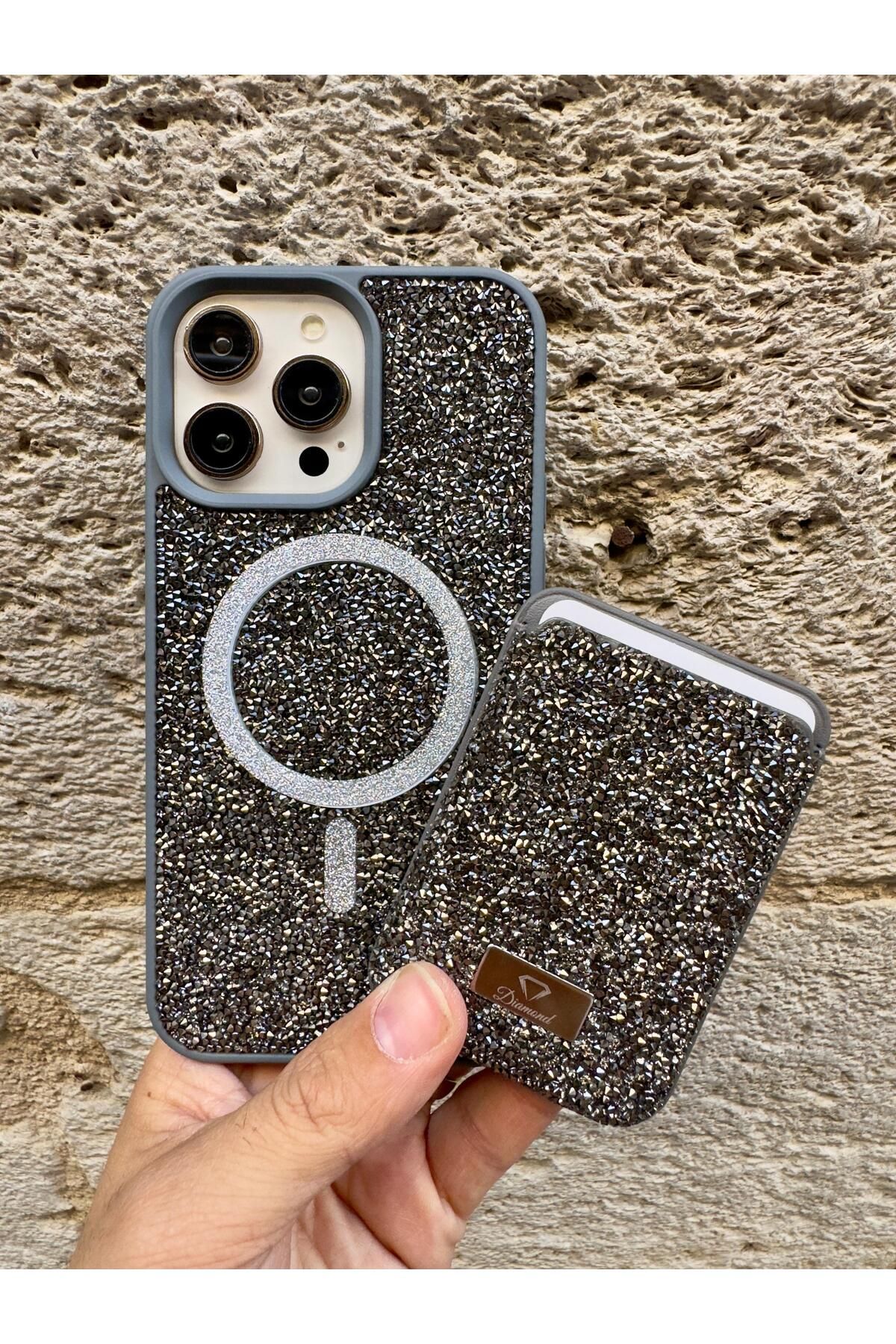 MEGA CASE iPhone 15 Gri Taşlı Telefon Kılıfı ve MagSafe Uyumlu Kredi Kartlık Cüzdan Seti