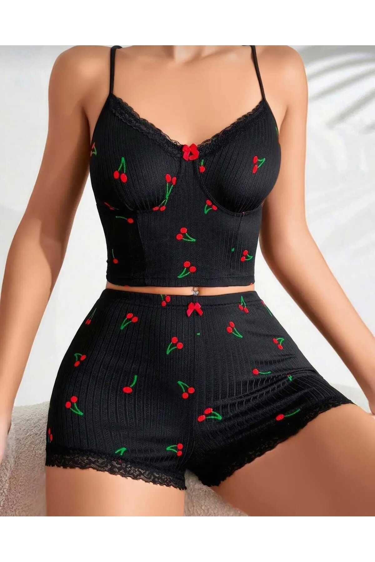 LA VIOR STYLE LA VIOR Penye Kumaş Esnek 2li Desenli Şort Takım Gecelik