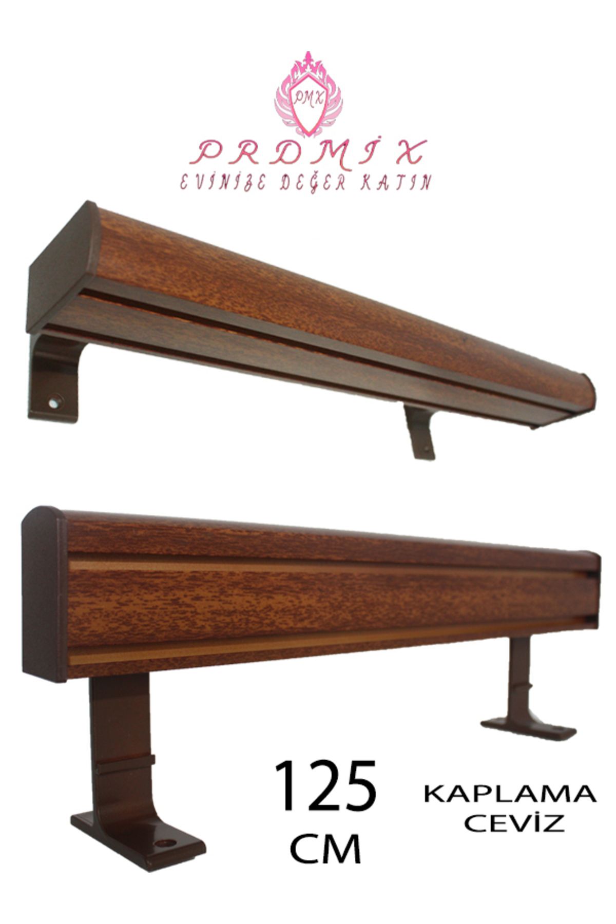 PERDE Mix 125 CM CEVİZ VİP Dekoratif Perde Ray Kornişi Alüminyum 2 Kanallı 10 cm Orijinal Alüminyum Ayaklı