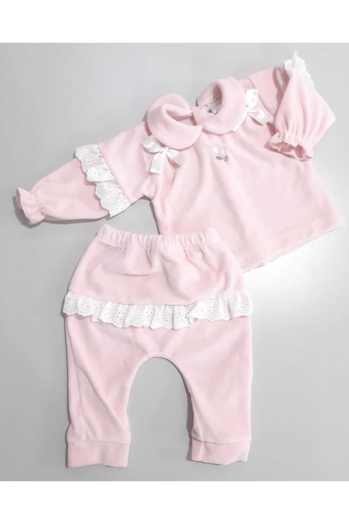 Sönmez Baby PLİKAŞE ÇİÇEKLİ FİSTOLU KADİFE KIŞLIK İKİLİ KIZ BEBE TAKIMI