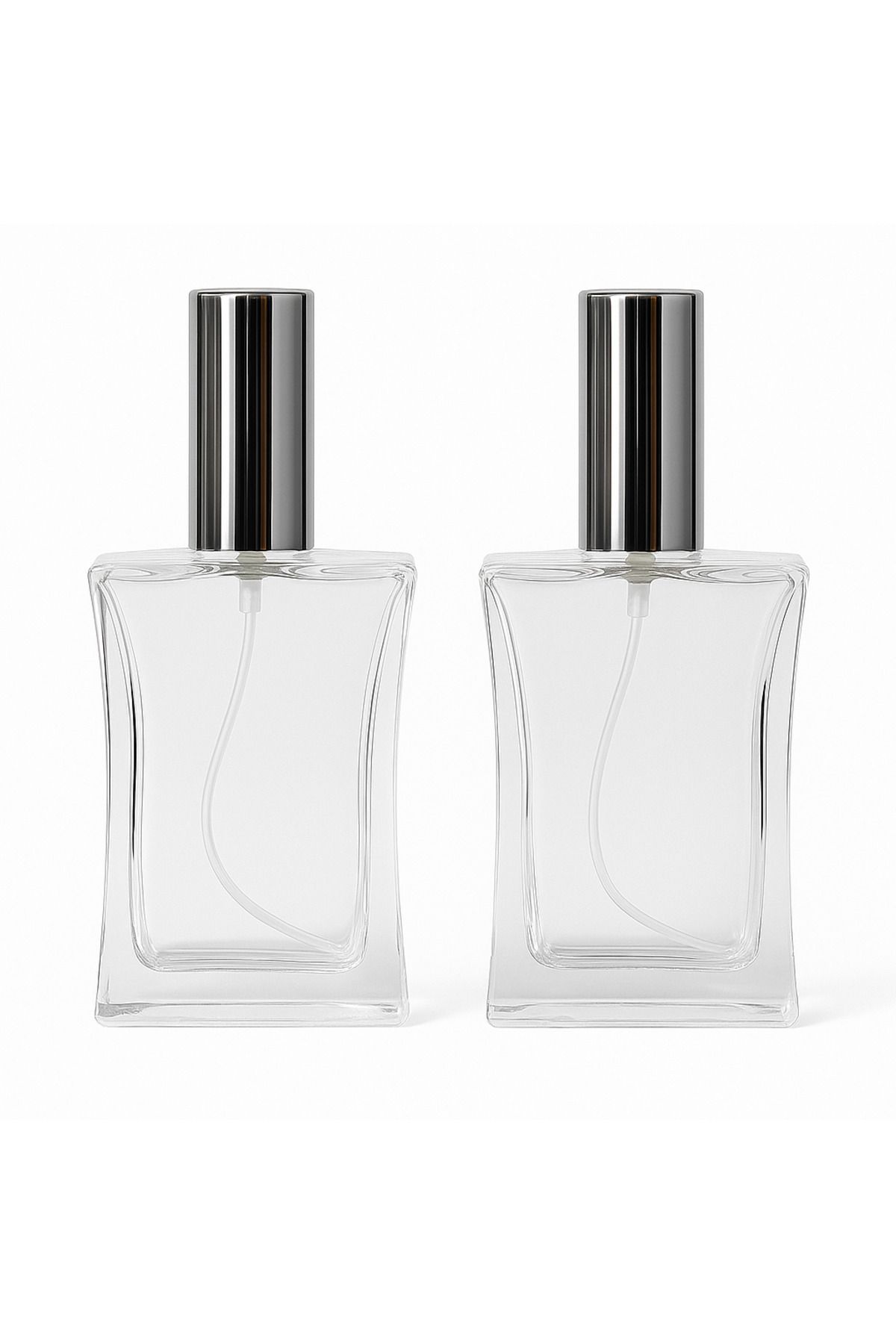 Büyülü Şişeler 50 ml Gümüş Kapaklı Doldurulabilir Şeffaf Cam Parfüm Şişesi 2 Adet