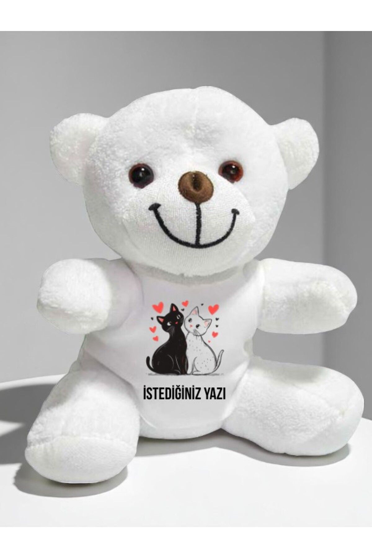 lili hediyelik Kalpli Kedi Temalı İstediğiniz Yazı Baskılı 20 cm Beyaz Peluş Ayıcık