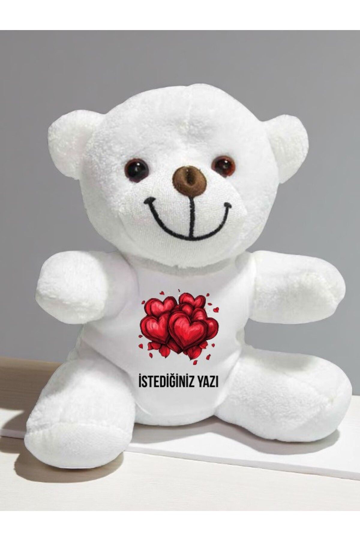 lili hediyelik Kalpler Temalı İstediğiniz Yazı Baskılı 20 cm Beyaz Peluş Ayıcık