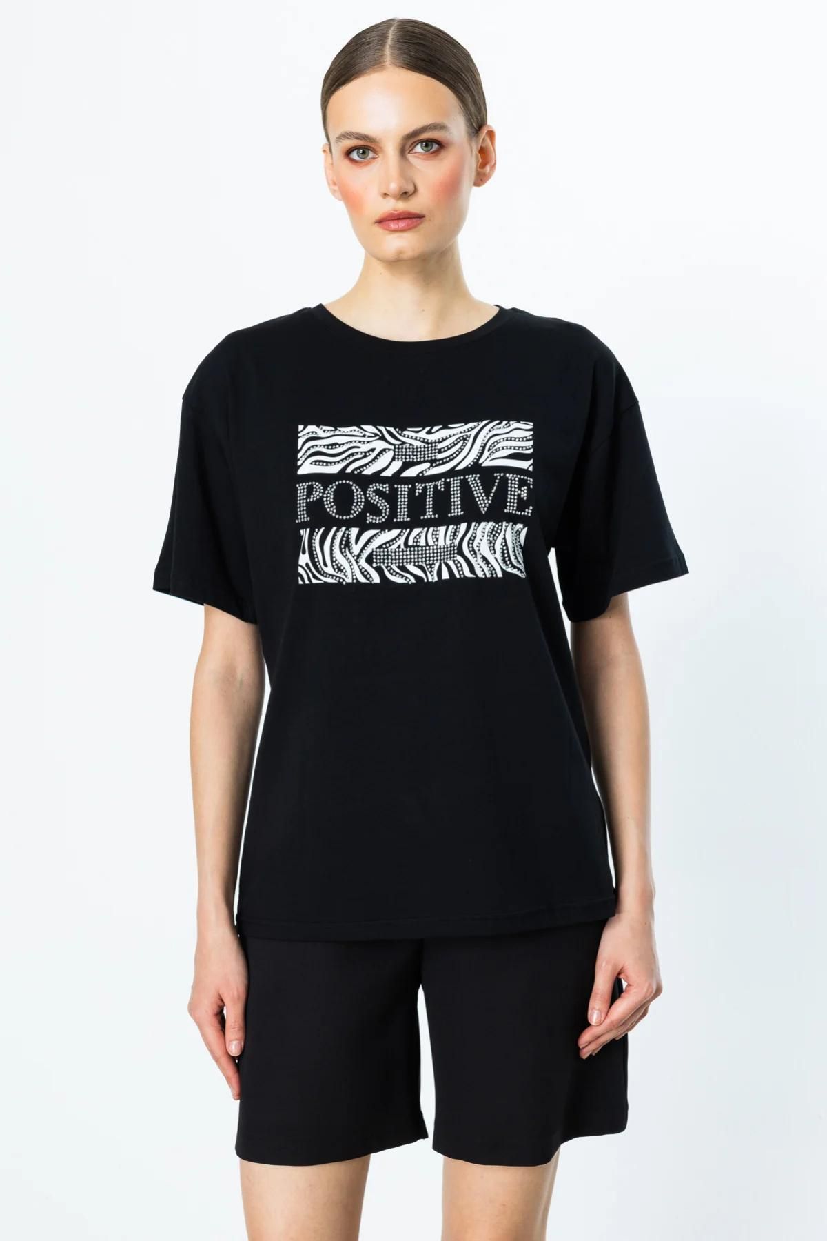 Onteks 56585 ONTEKS POSITIVE BASKILI TAŞLI KISA KOL BLUZ