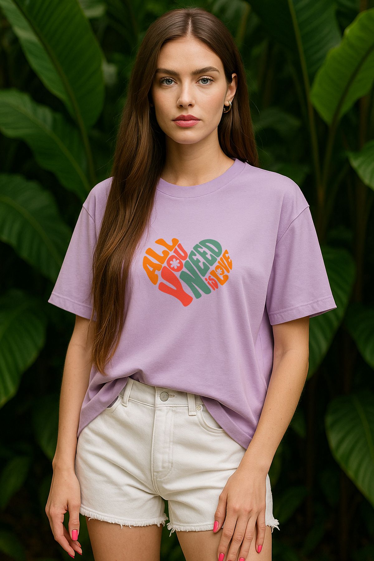 TARZ STİL Kadın Oversize Love Kalp Baskılı Kısa Kollu Trend Tişört 12426