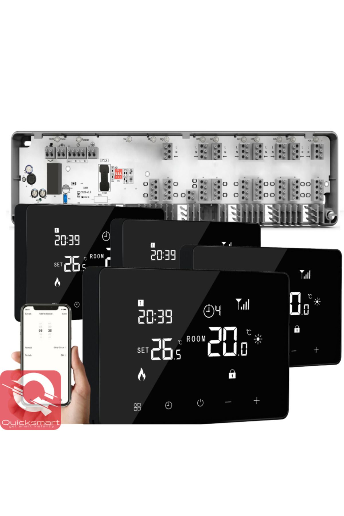 Quicksmart-Kit Automatizare Incalzire Pardoseala Q10, Controler pardoseala 8 zone, 4x Termostat cu fir Q10, Con 2