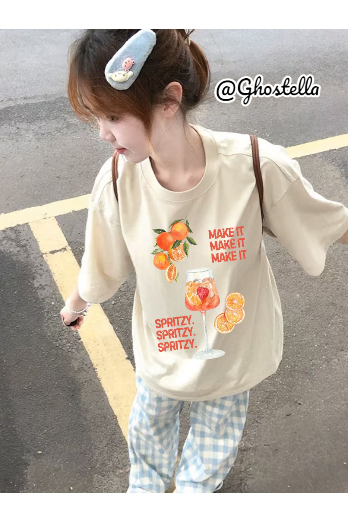 Minga London Bej Make it Drink Baskılı Oversize Unisex Tshirt -Ghostella